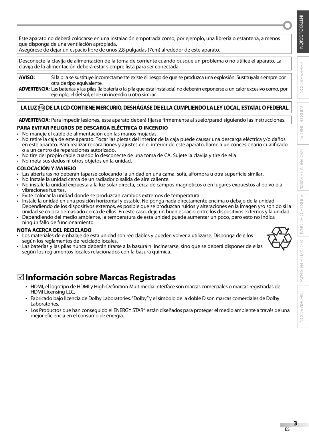 Sylvania LC195SL9C 5Información sobre Marcas Registradas, Para Evitar Peligros DE Descarga Eléctrica O Incendio 