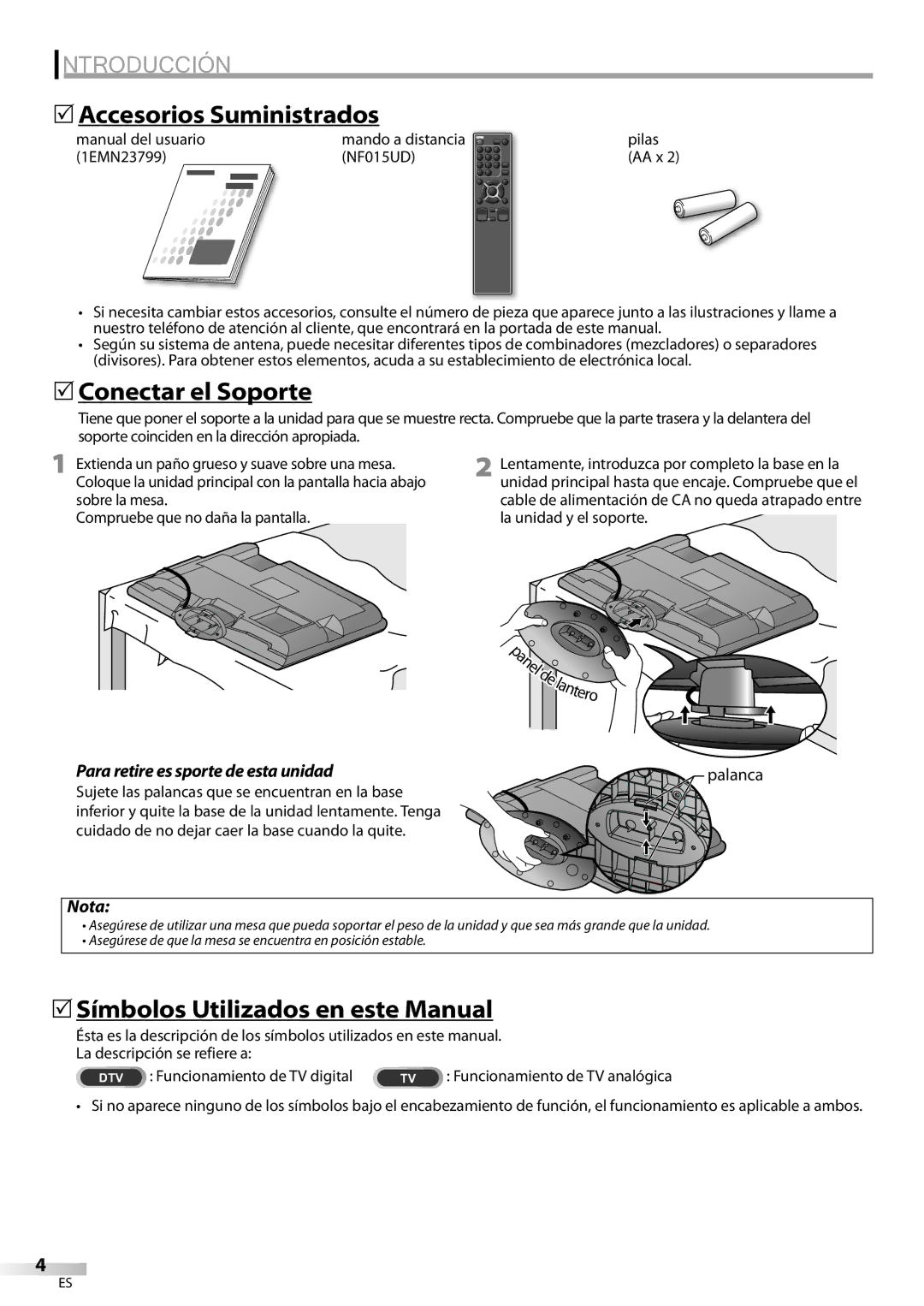 Sylvania LC195SL9C owner manual 5Accesorios Suministrados, 5Conectar el Soporte, 5Símbolos Utilizados en este Manual, Nota 