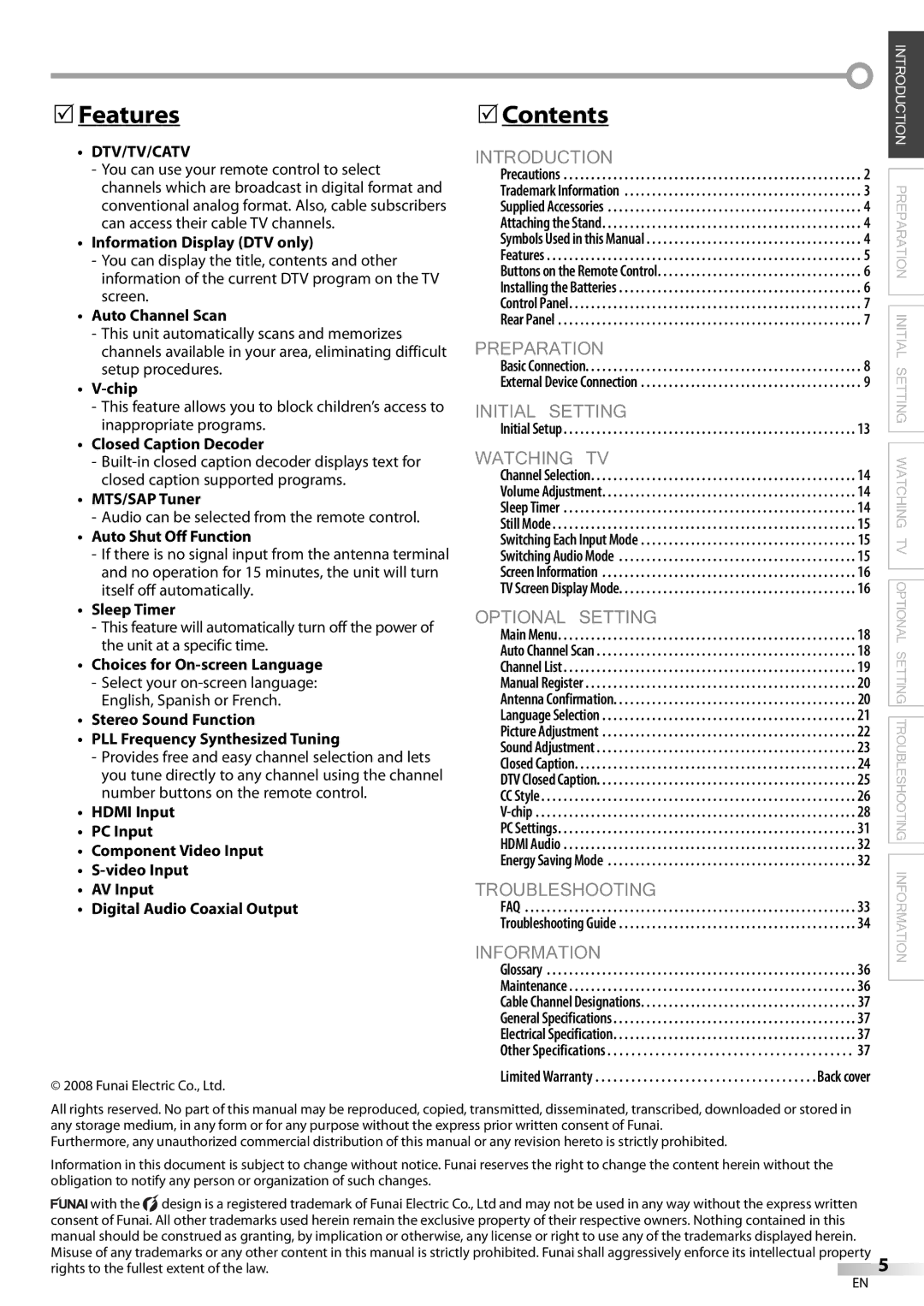 Sylvania LC195SL9C owner manual Features, Contents, Dtv/Tv/Catv 