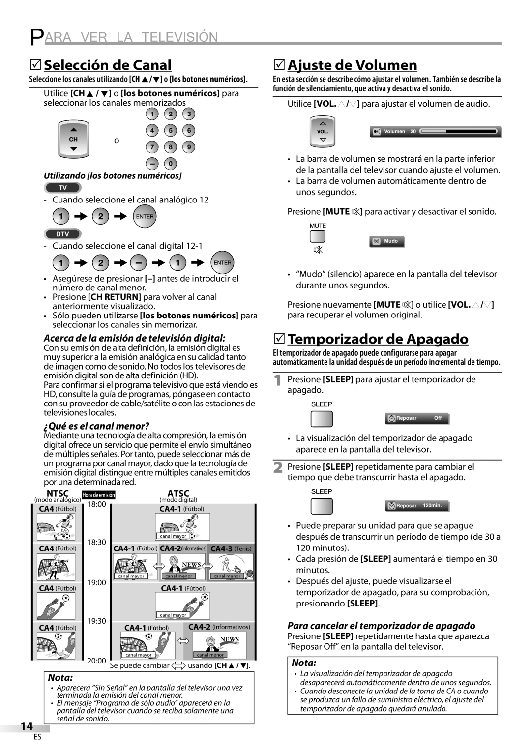 Sylvania LC195SL9C owner manual Para VER LA Televisión, 5Selección de Canal, 5Ajuste de Volumen, 5Temporizador de Apagado 