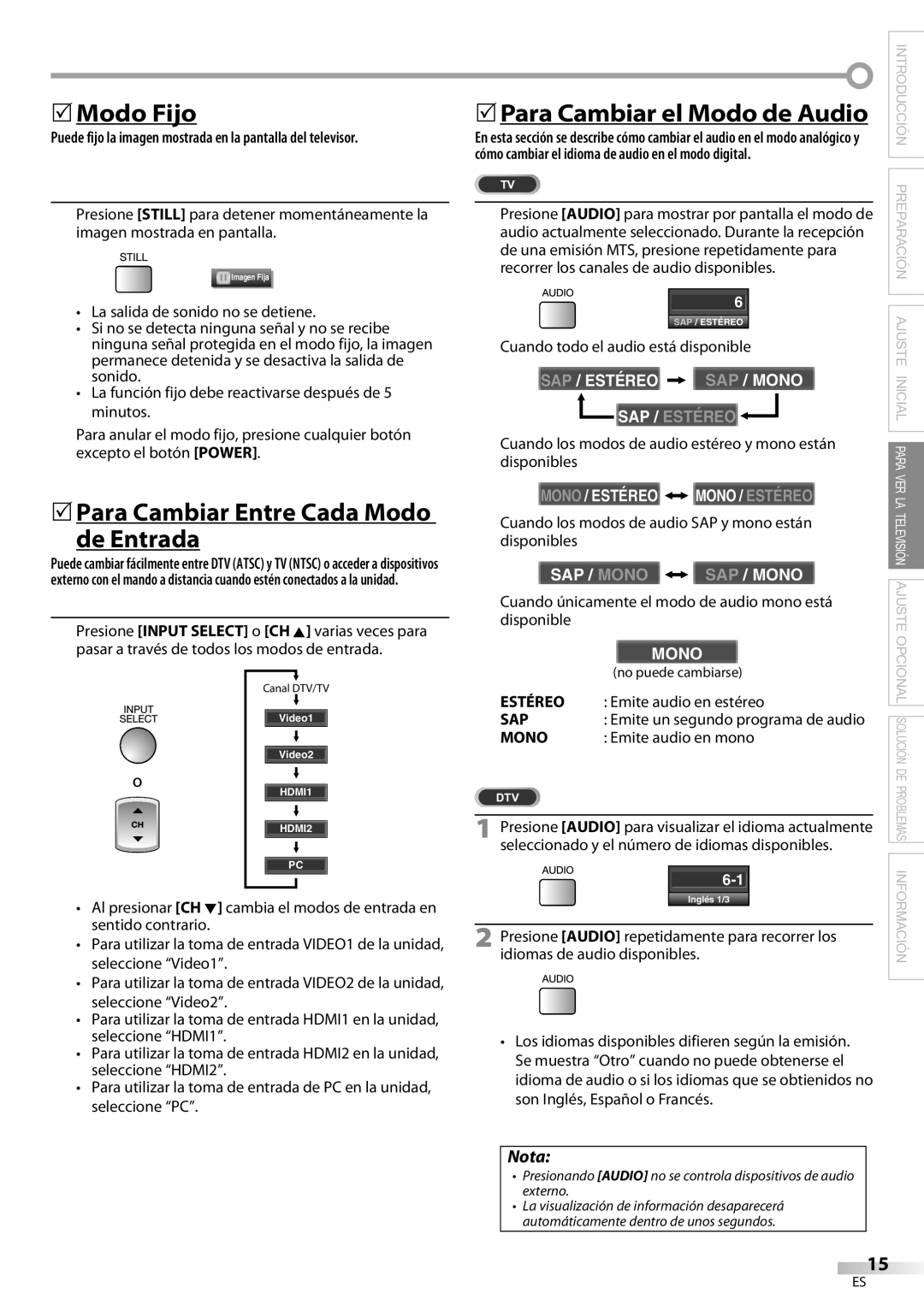 Sylvania LC195SL9C owner manual 5Modo Fijo, 5Para Cambiar Entre Cada Modo de Entrada, Estéreo 