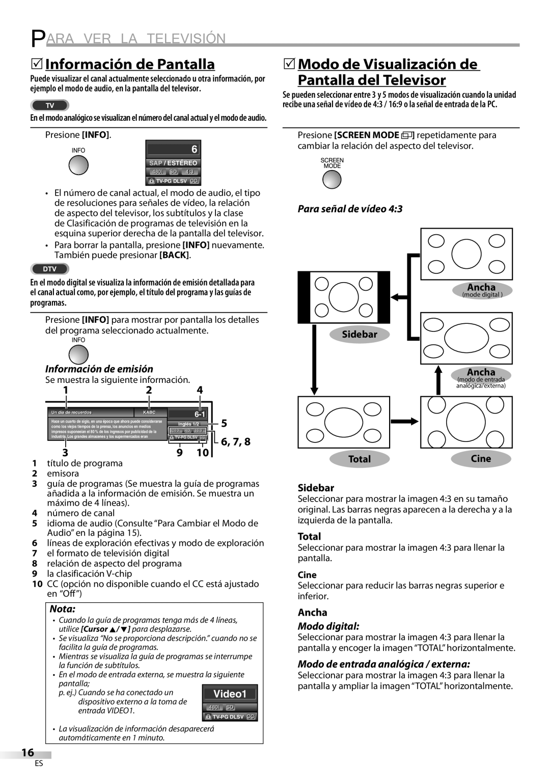 Sylvania LC195SL9C owner manual 5Información de Pantalla, 5Modo de Visualización de Pantalla del Televisor 