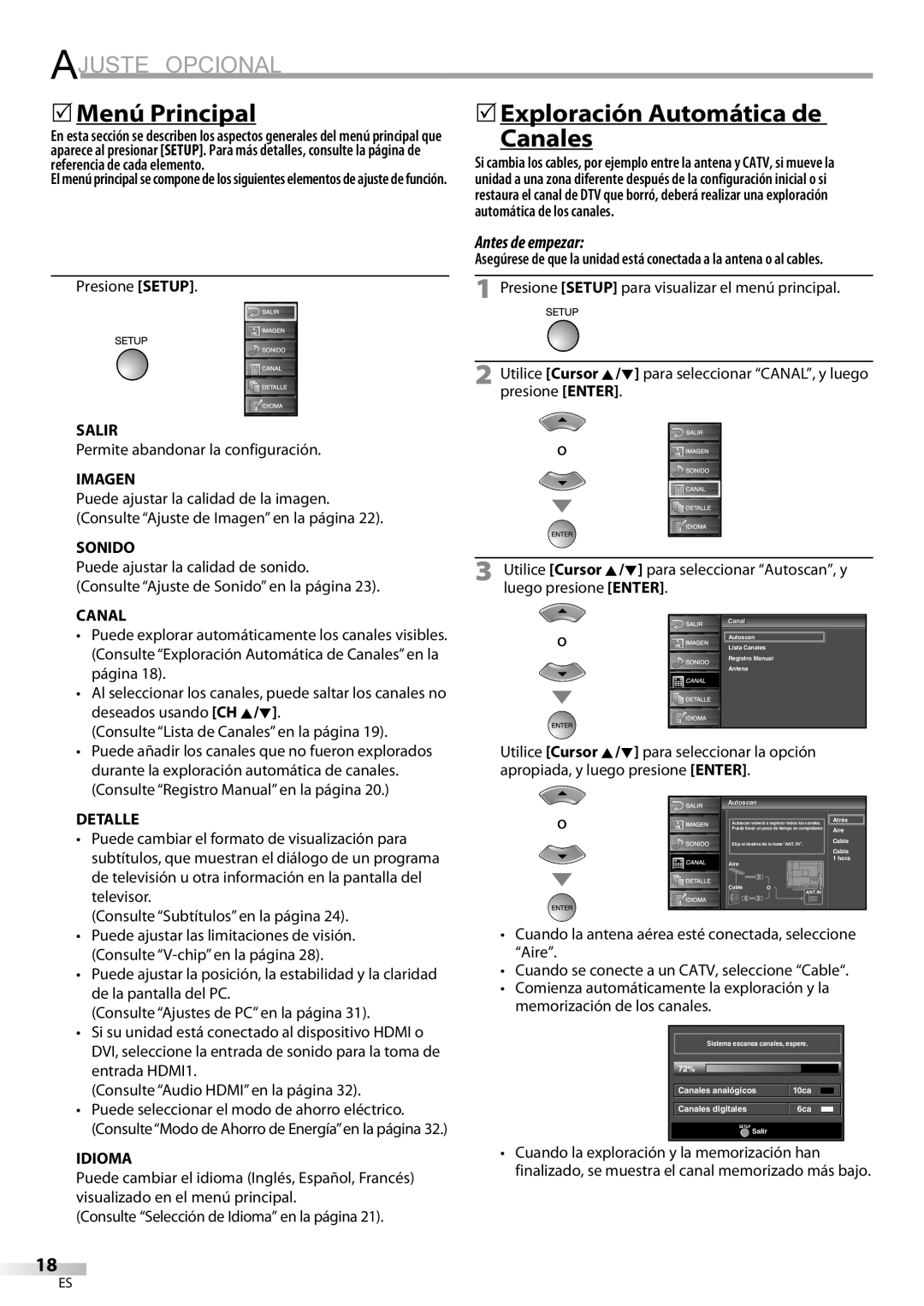 Sylvania LC195SL9C owner manual Ajuste Opcional, 5Menú Principal, 5Exploración Automática de Canales 