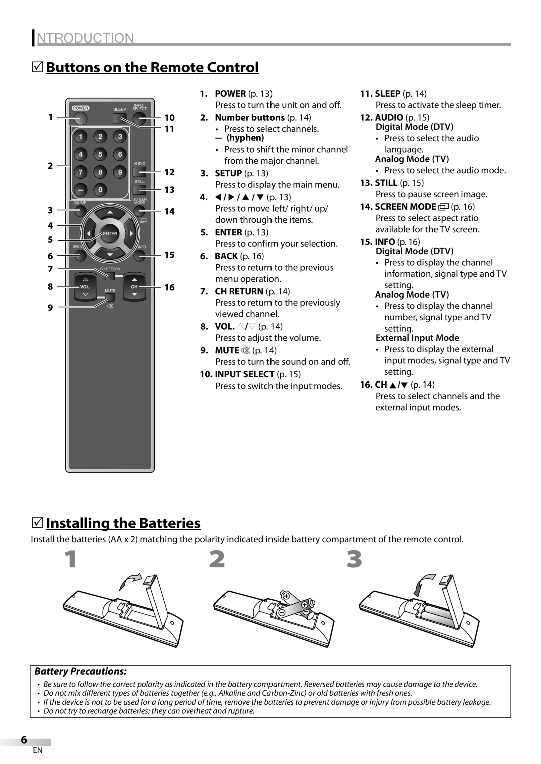 Sylvania LC195SL9C owner manual 5Buttons on the Remote Control, 5Installing the Batteries, Battery Precautions 