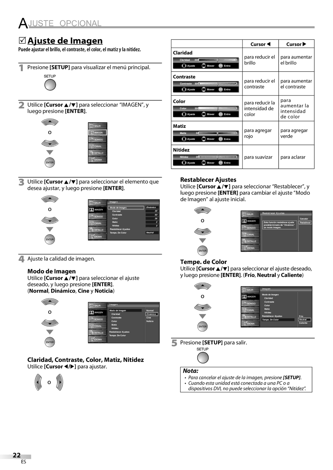 Sylvania LC195SL9C 5Ajuste de Imagen, Restablecer Ajustes, Modo de Imagen, Claridad, Contraste, Color, Matiz, Nitidez 
