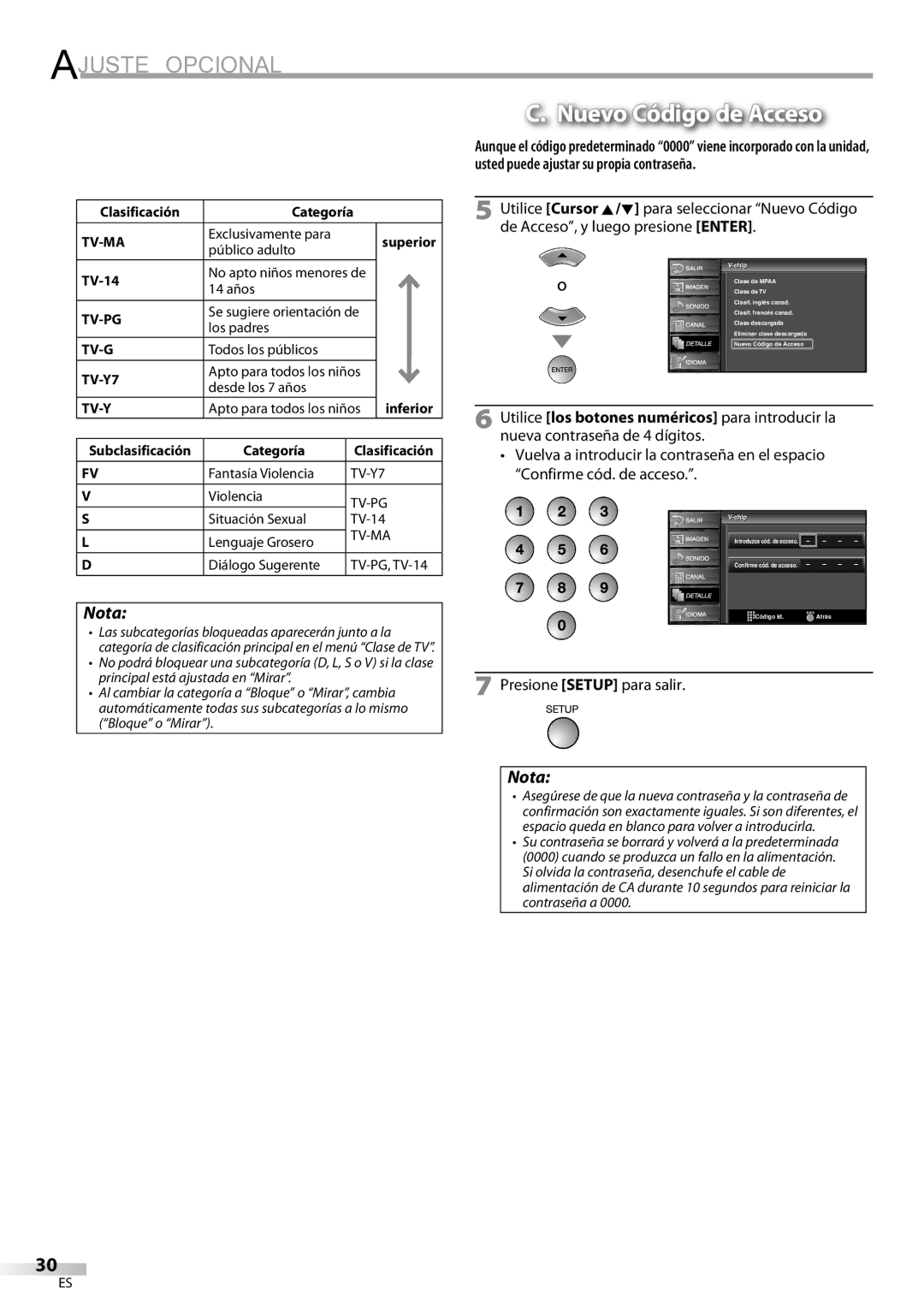 Sylvania LC195SL9C owner manual Nuevo Código de Acceso, Clasificación Categoría 