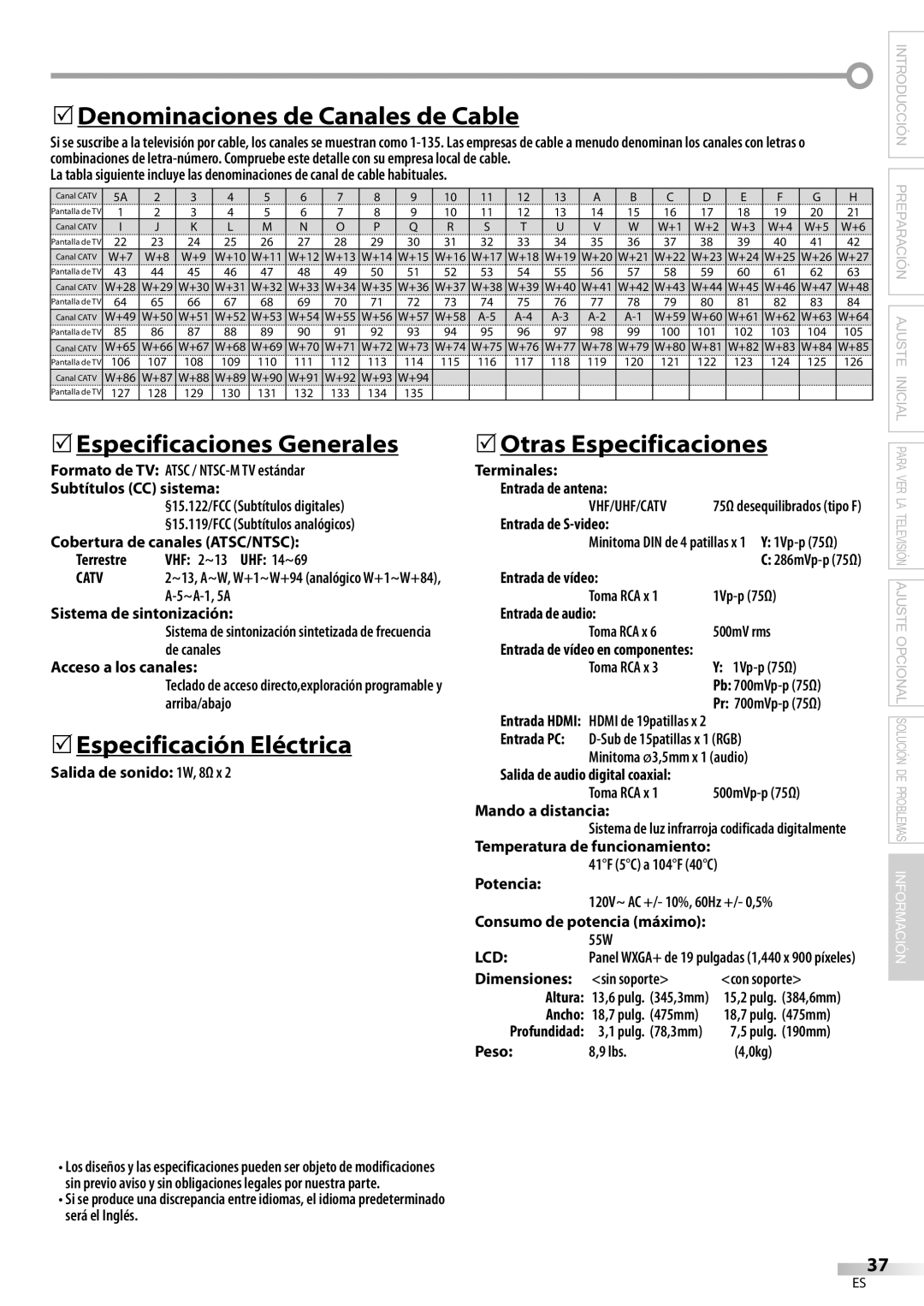 Sylvania LC195SL9C owner manual 5Denominaciones de Canales de Cable, 5Especificaciones Generales, 5Especificación Eléctrica 