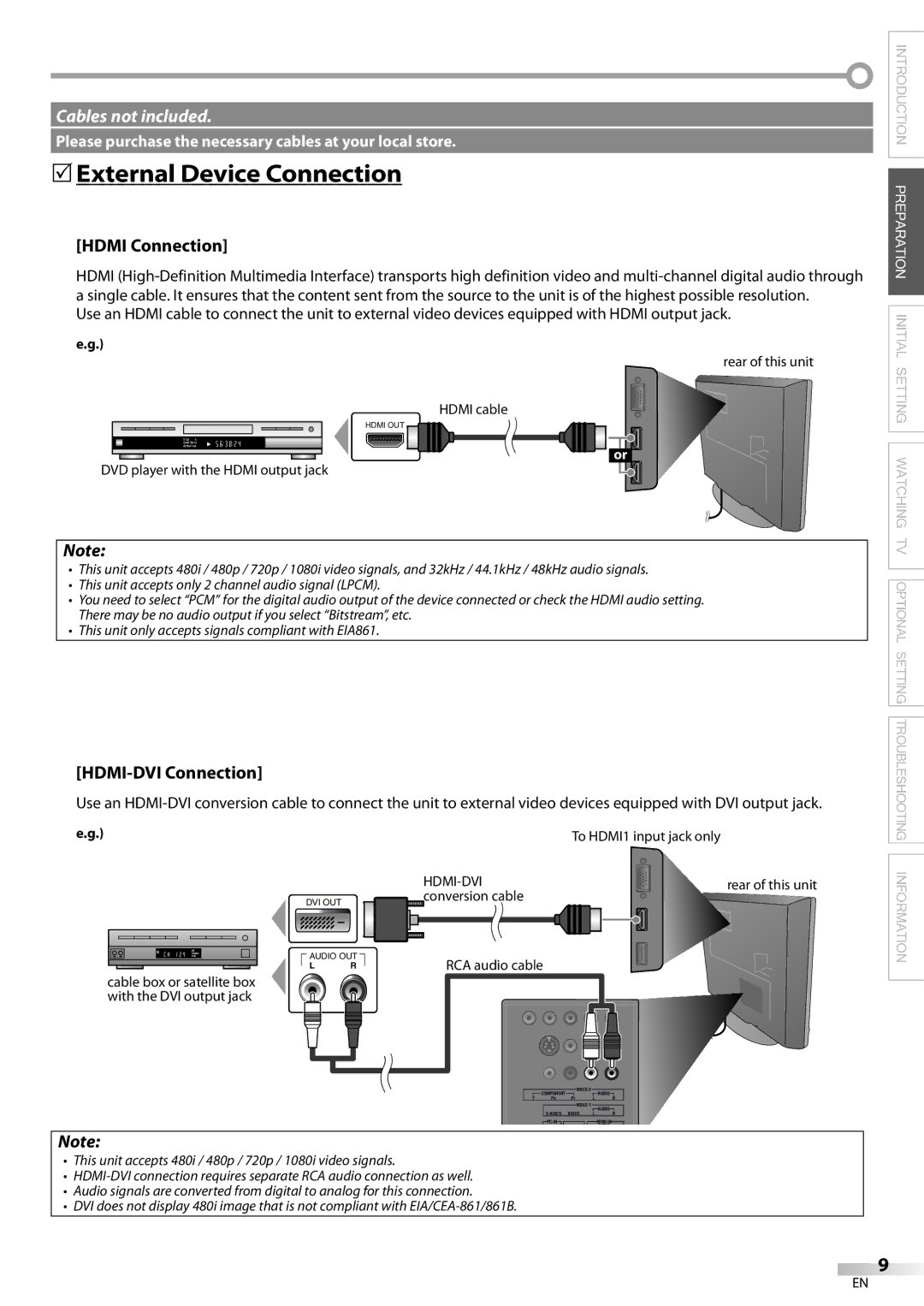 Sylvania LC195SL9C owner manual 5External Device Connection, Hdmi Connection, HDMI-DVI Connection 