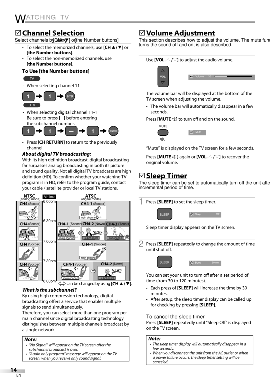 Sylvania LC195SLX owner manual Watching TV, 5Channel Selection, 5Volume Adjustment, 5Sleep Timer 