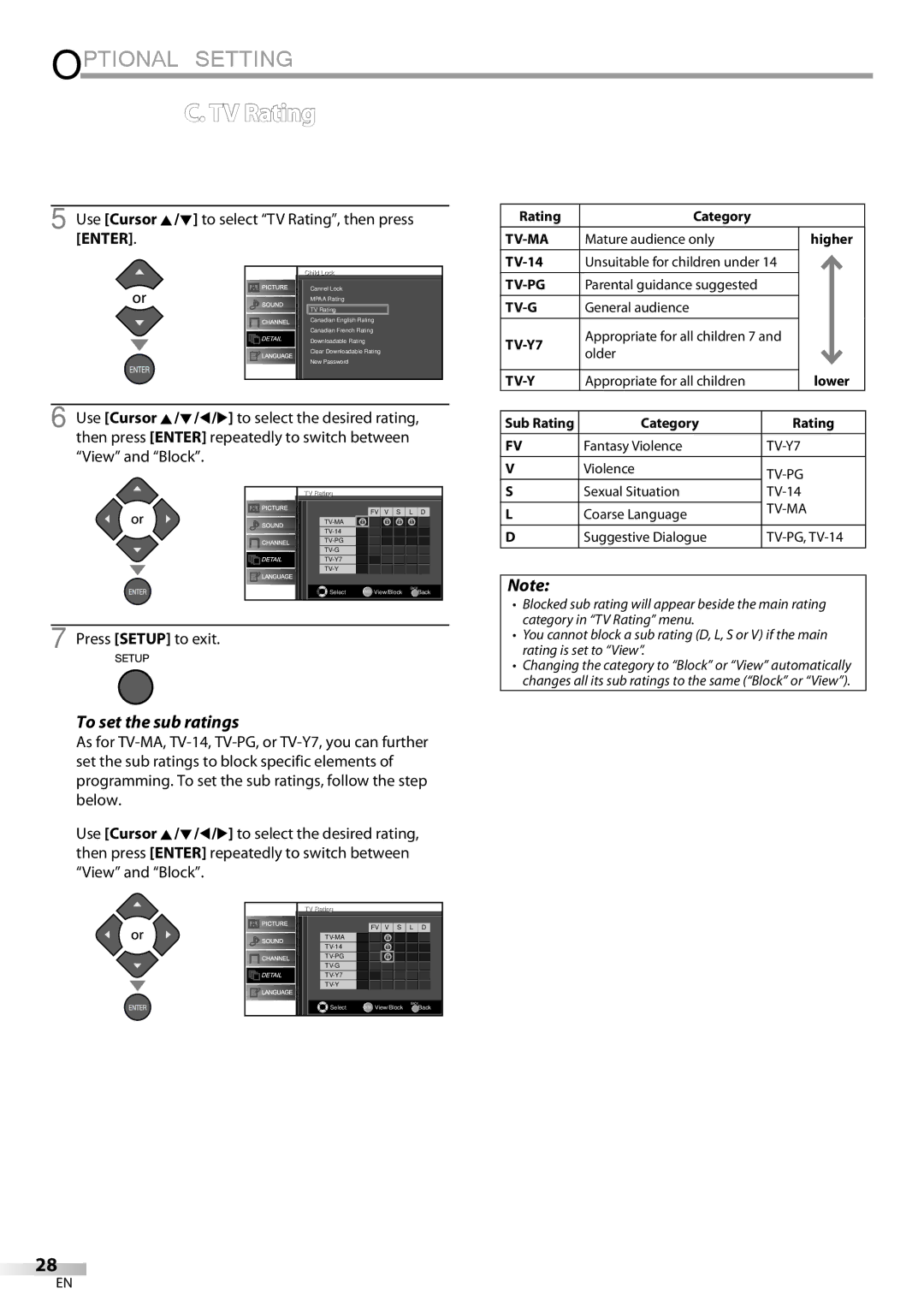 Sylvania LC195SLX owner manual To set the sub ratings, Use Cursor K/L to select TV Rating, then press Enter 