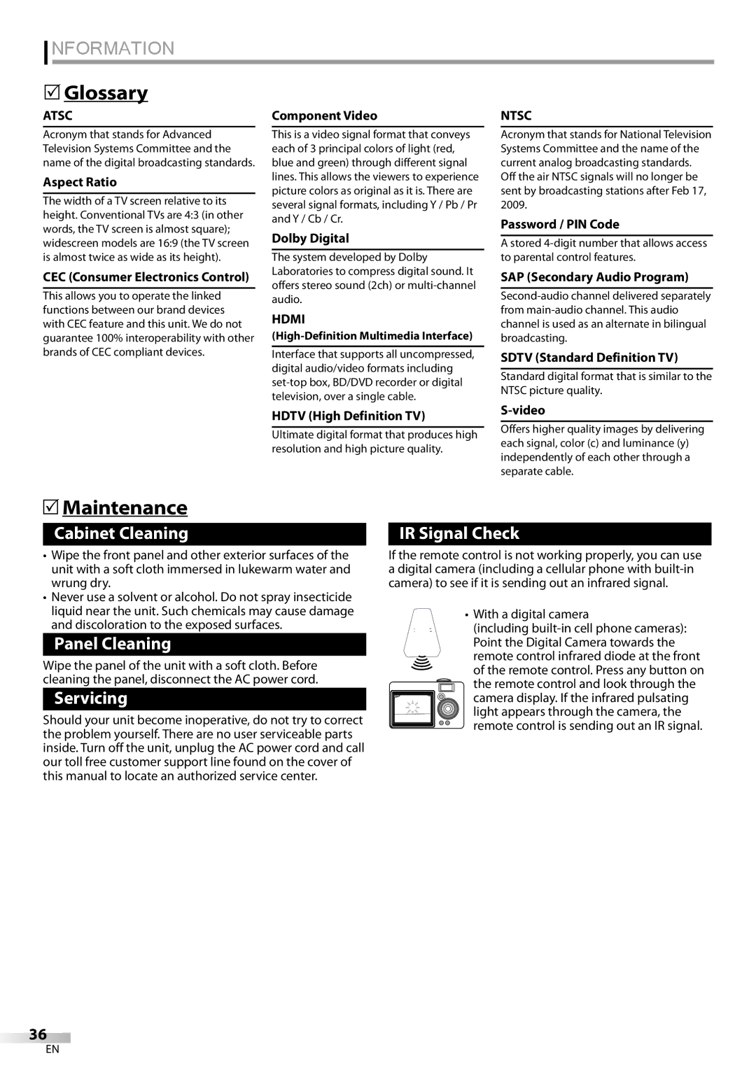 Sylvania LC195SLX owner manual Information, Glossary, Maintenance, Hdmi, Ntsc 