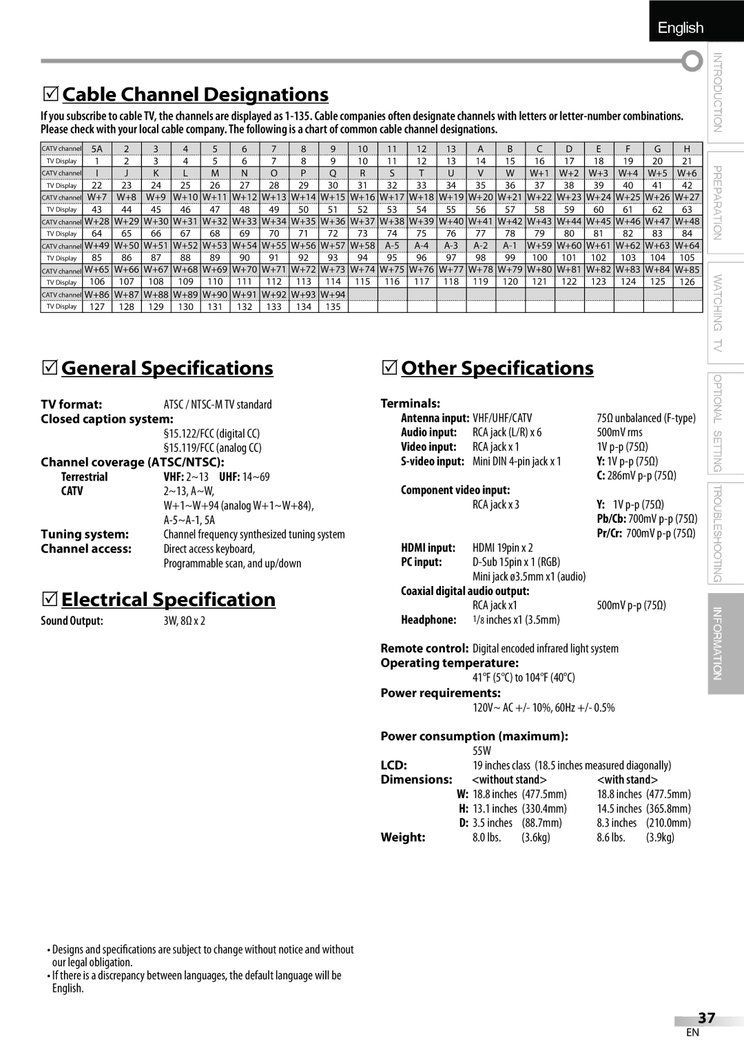 Sylvania LC195SLX 5Cable Channel Designations, 5General Specifications, 5Electrical Specification, 5Other Specifications 