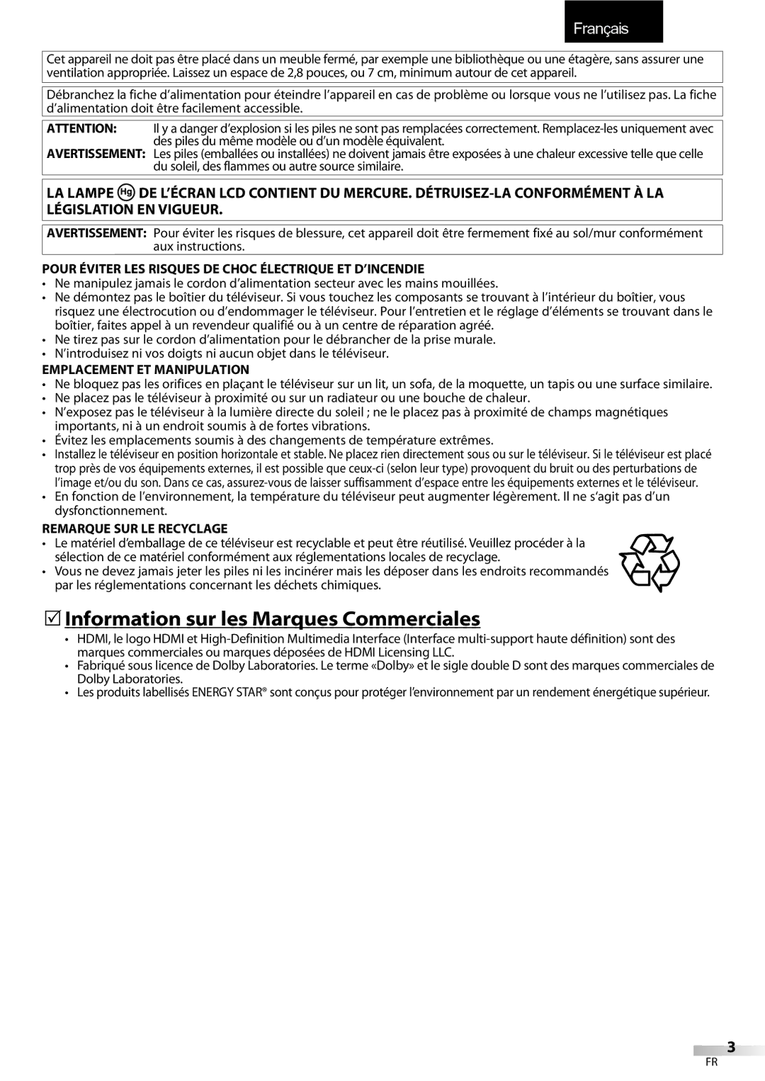 Sylvania LC195SLX 5Information sur les Marques Commerciales, Pour Éviter LES Risques DE Choc Électrique ET D’INCENDIE 