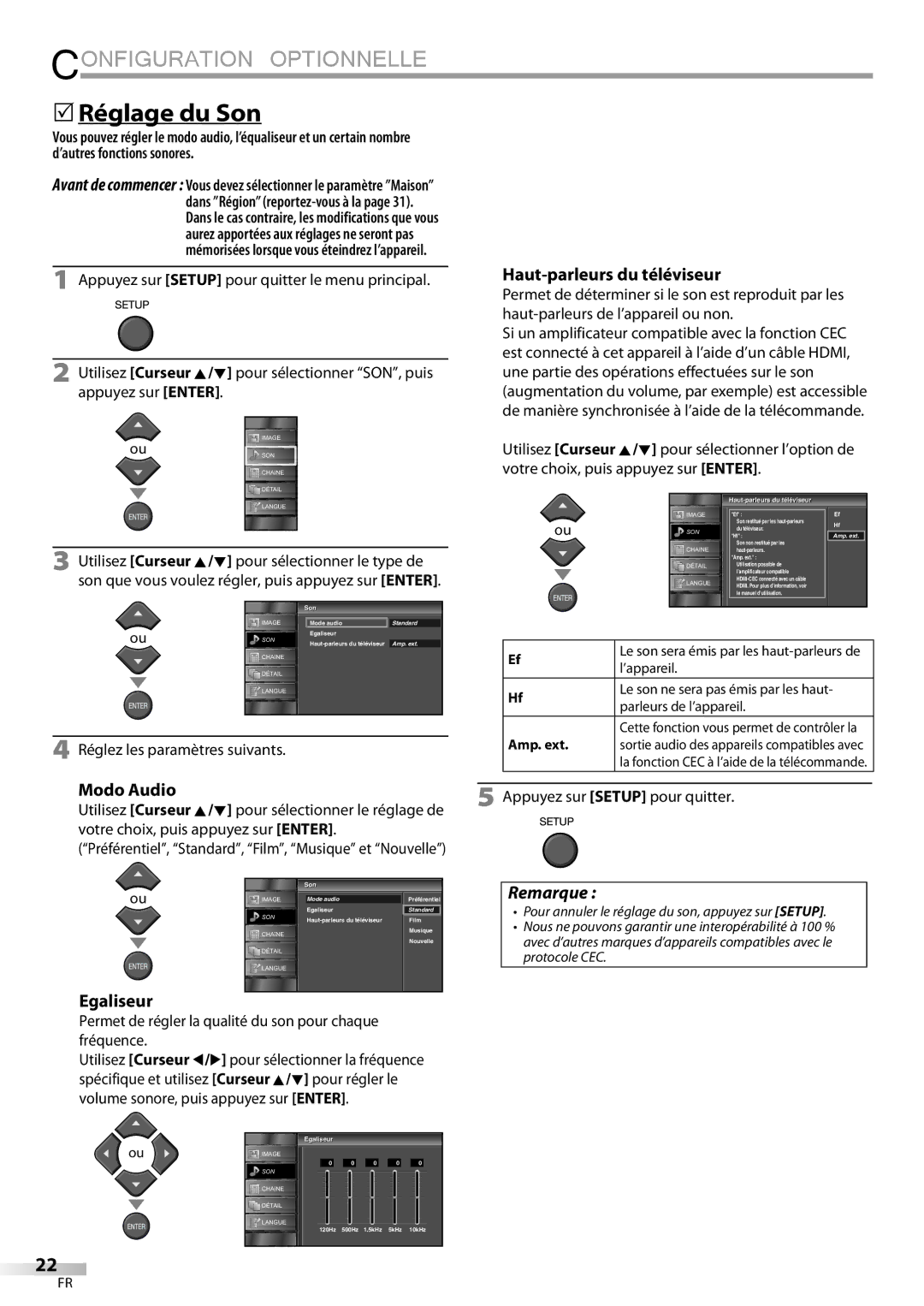 Sylvania LC195SLX owner manual 5Réglage du Son, Haut-parleurs du téléviseur, Modo Audio, Egaliseur 