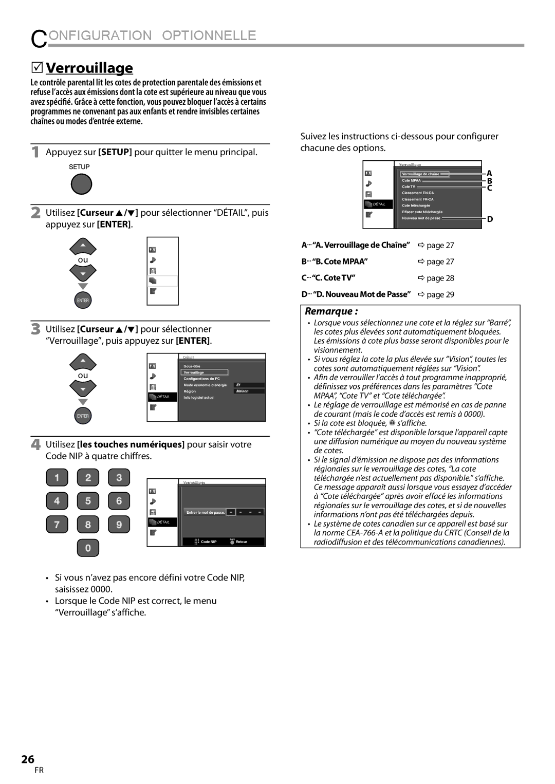 Sylvania LC195SLX owner manual Verrouillage de Chaîne Dpage Cote Mpaa, Cote TV, Nouveau Mot de Passe Dpage 