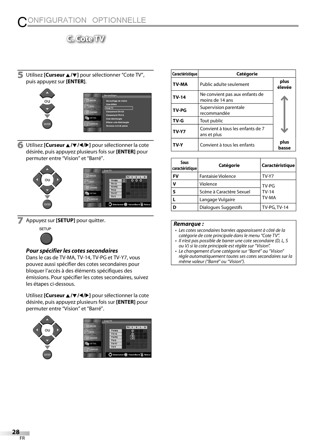 Sylvania LC195SLX owner manual Cote TV, Pour spécifier les cotes secondaires, Sous Catégorie, CoteTV 