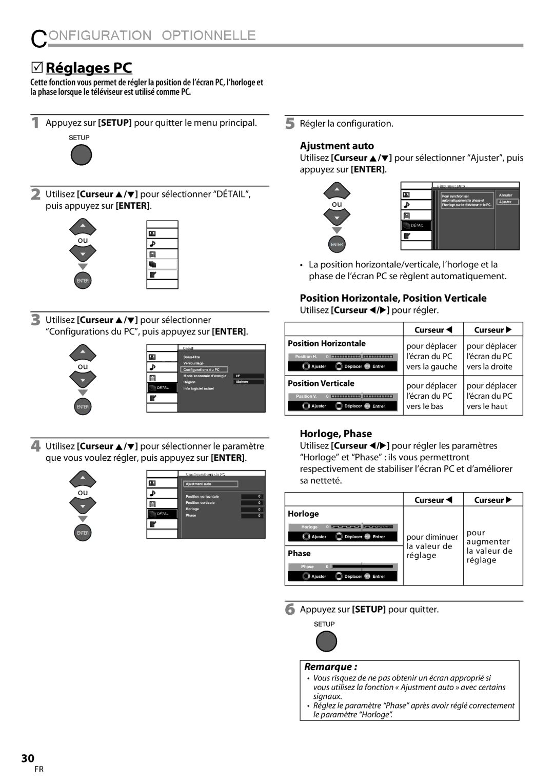 Sylvania LC195SLX owner manual 5Réglages PC, Ajustment auto, Position Horizontale, Position Verticale, Horloge, Phase 