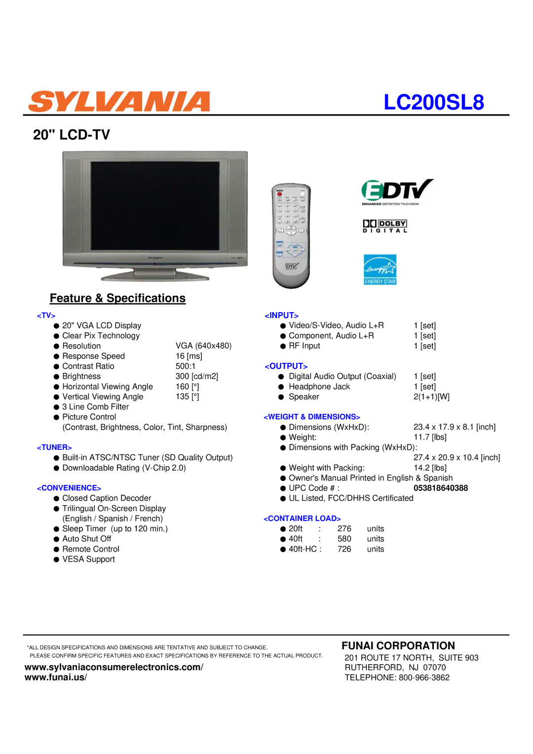 Sylvania LC200SL8 specifications Lcd-Tv, Feature & Specifications, Funai Corporation 