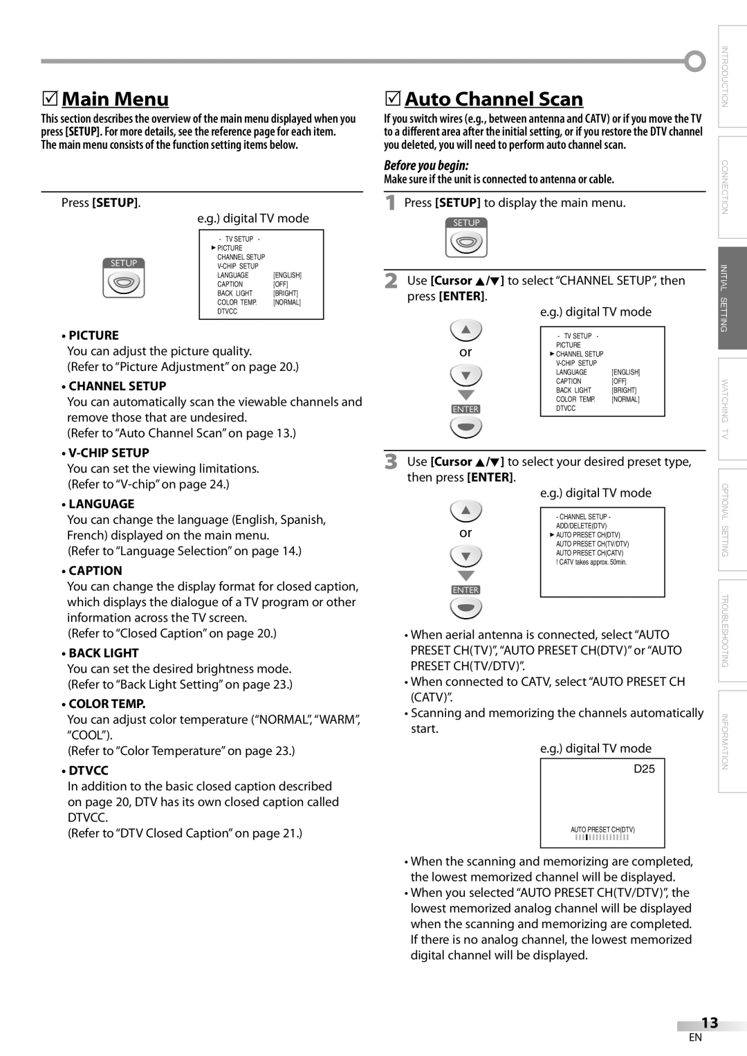 Sylvania LC200SL8A owner manual Main Menu, Auto Channel Scan 