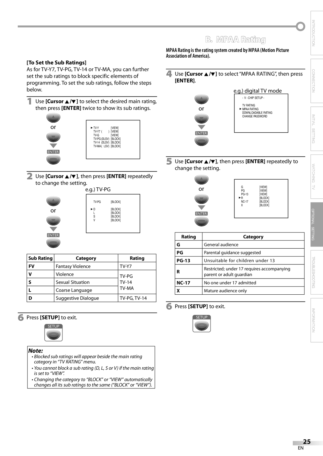 Sylvania LC200SL8A To Set the Sub Ratings, Association of America, To select Mpaa RATING, then press, Change the setting 