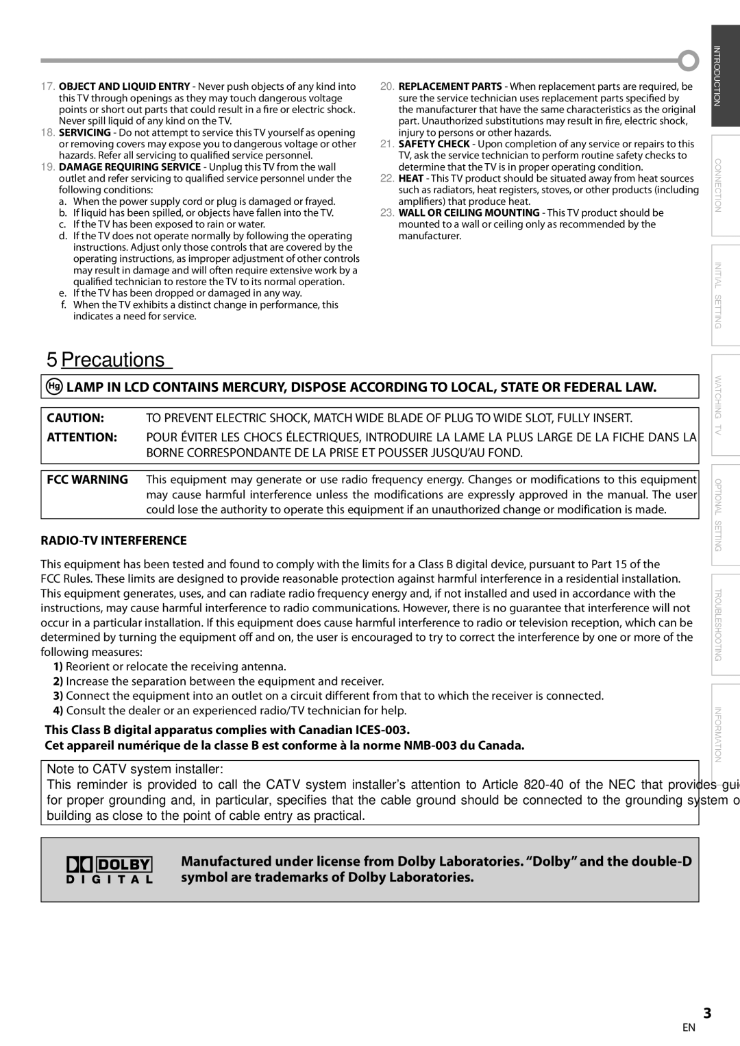 Sylvania LC200SL8A owner manual Precautions, RADIO-TV Interference 