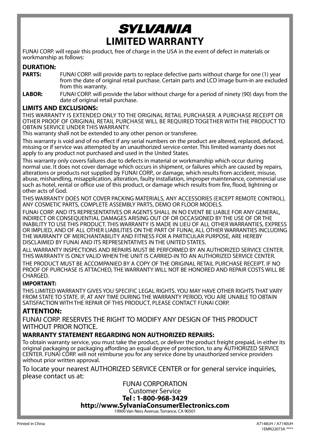 Sylvania LC200SL8A owner manual Limited Warranty 