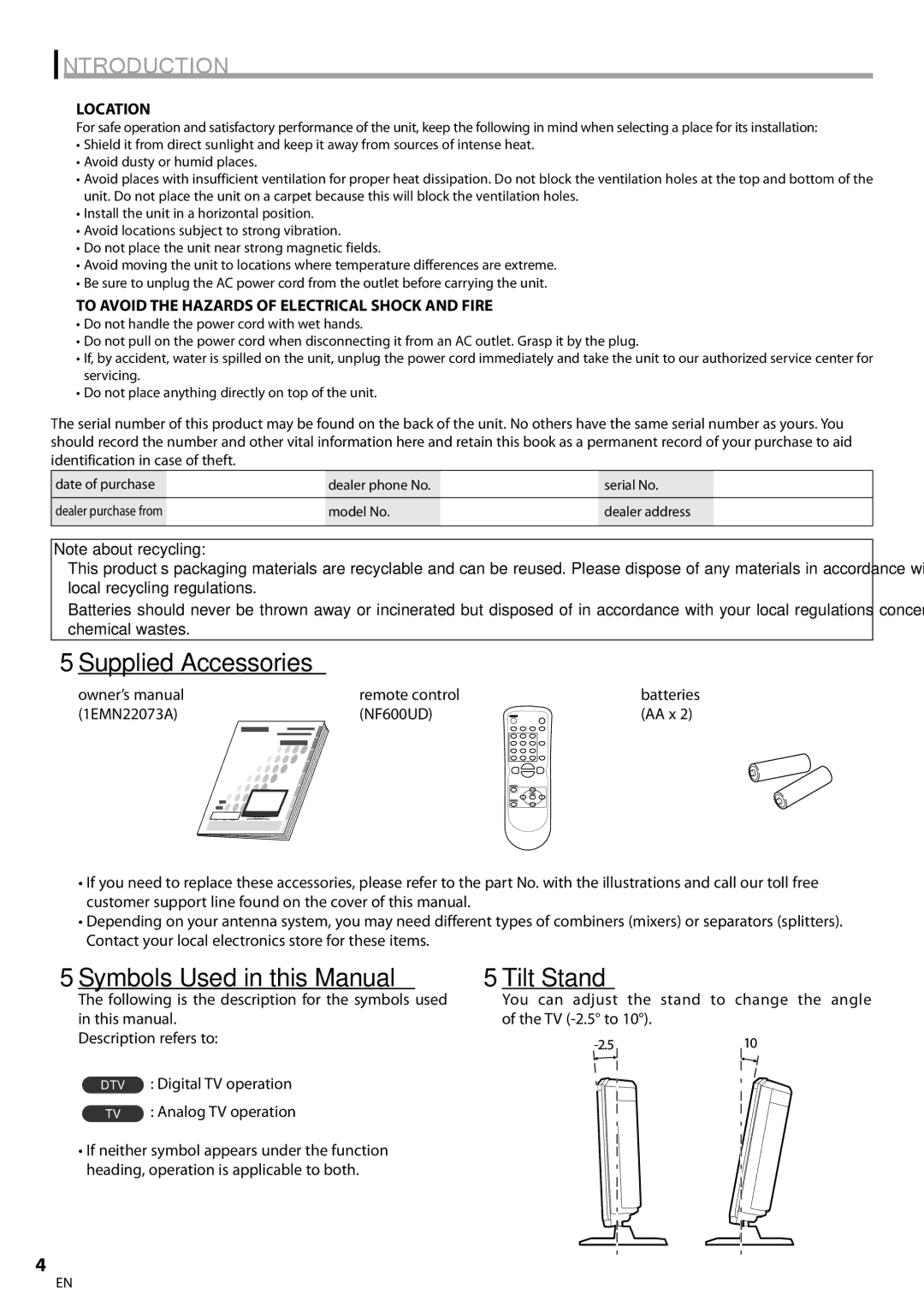 Sylvania LC200SL8A owner manual Supplied Accessories, Symbols Used in this Manual, Tilt Stand, Location 