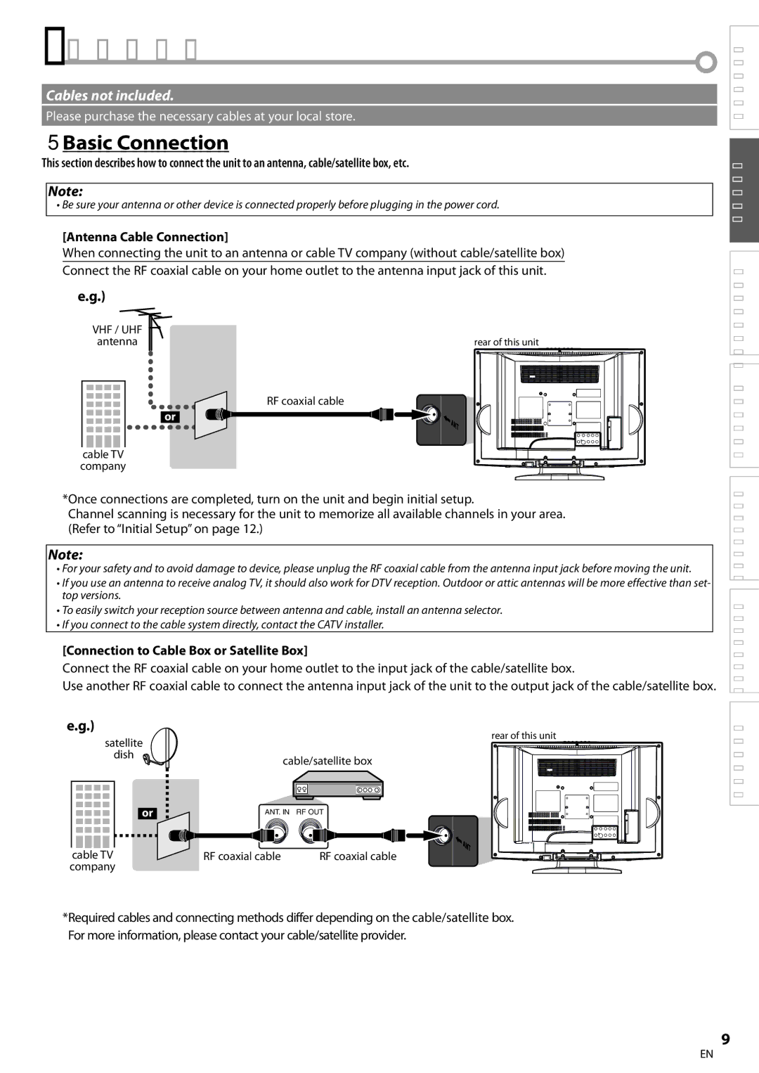 Sylvania LC200SL8A owner manual Basic Connection, Antenna Cable Connection, Connection to Cable Box or Satellite Box 