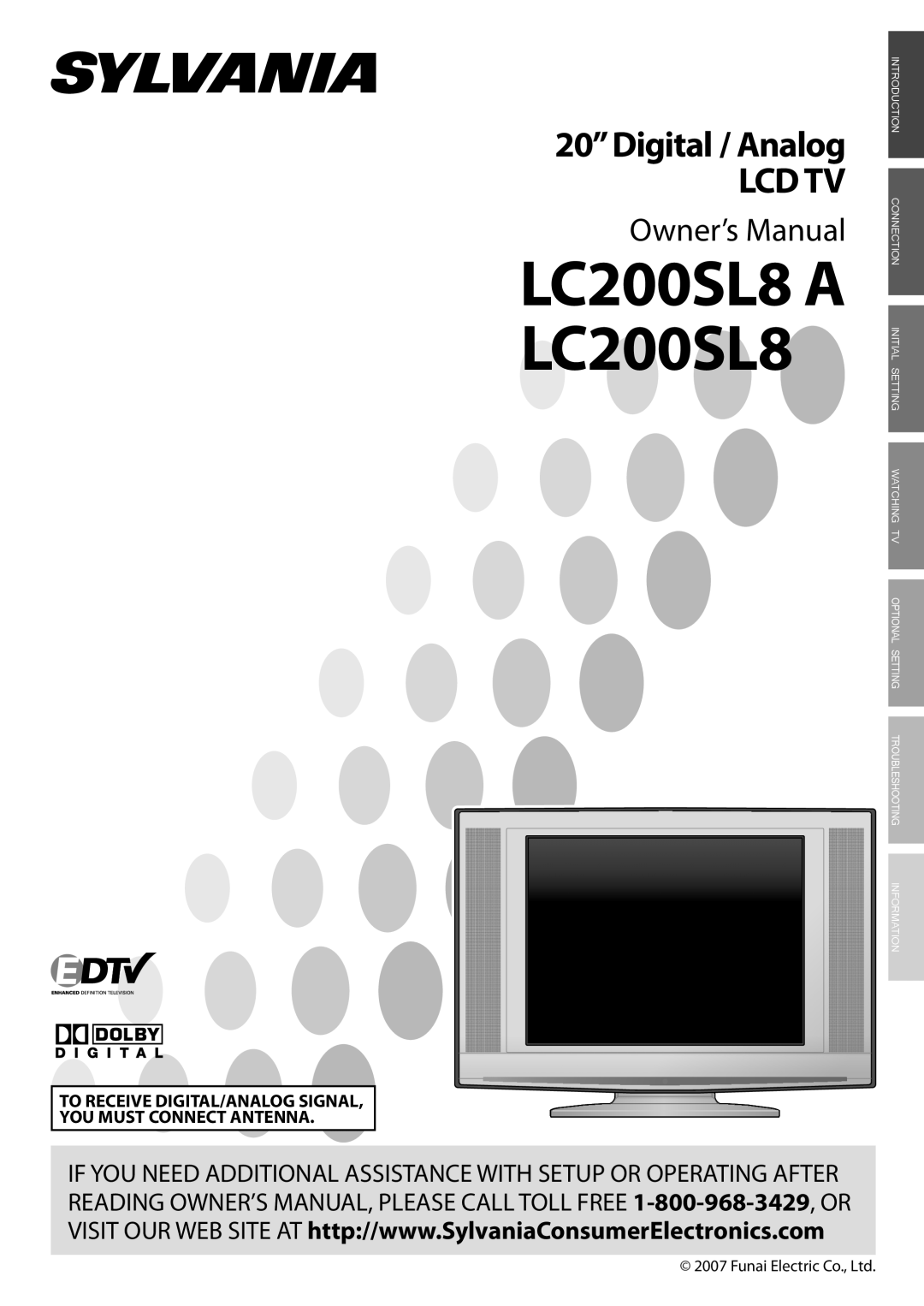 Sylvania LC200SL8A owner manual LC200SL8 A LC200SL8, 20”Digital / Analog LCD TV, Owner’s Manual 