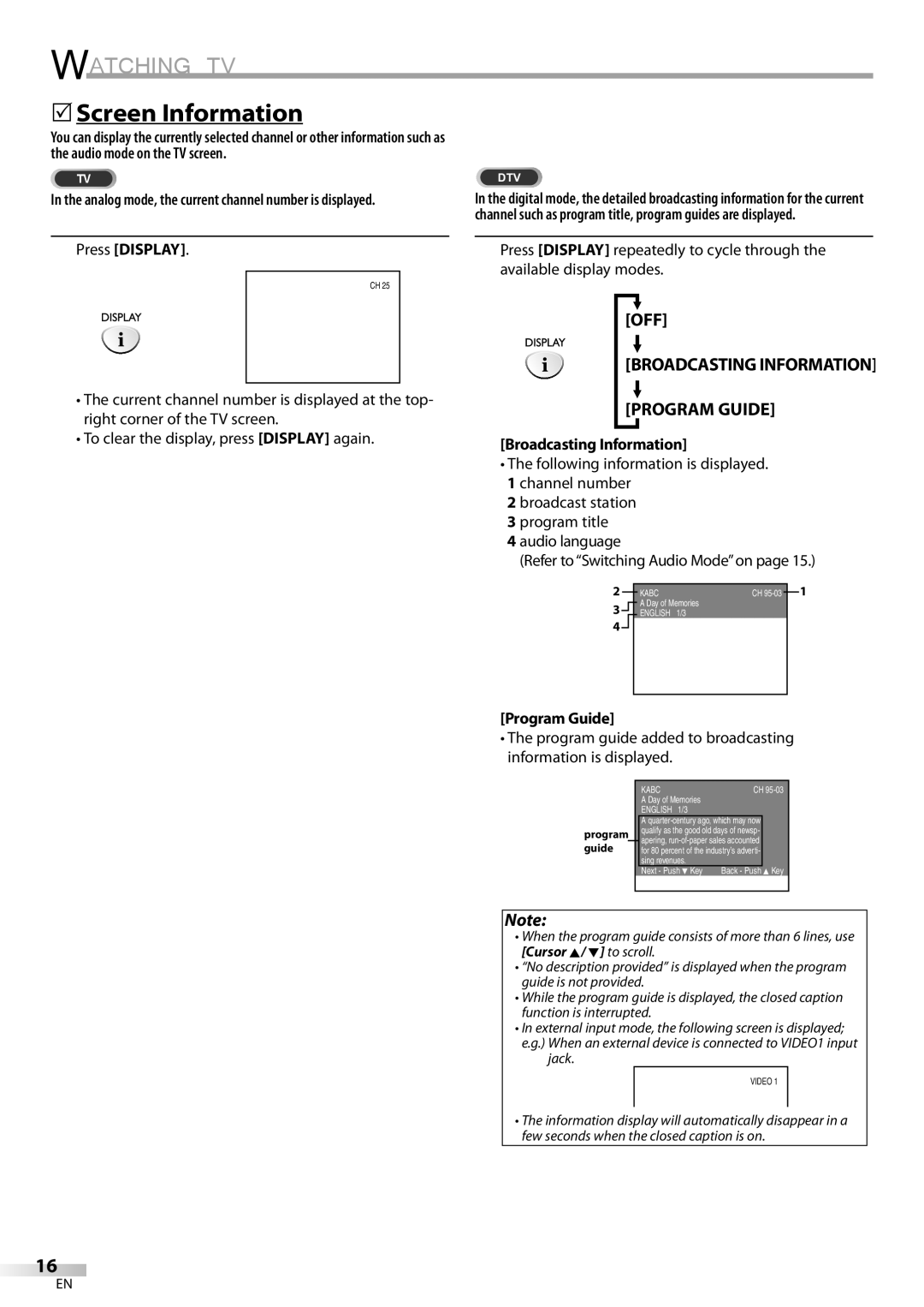 Sylvania LC200SL9 A owner manual 5Screen Information, Watching Tv, Press DISPLAY, Broadcasting Information, Program Guide 