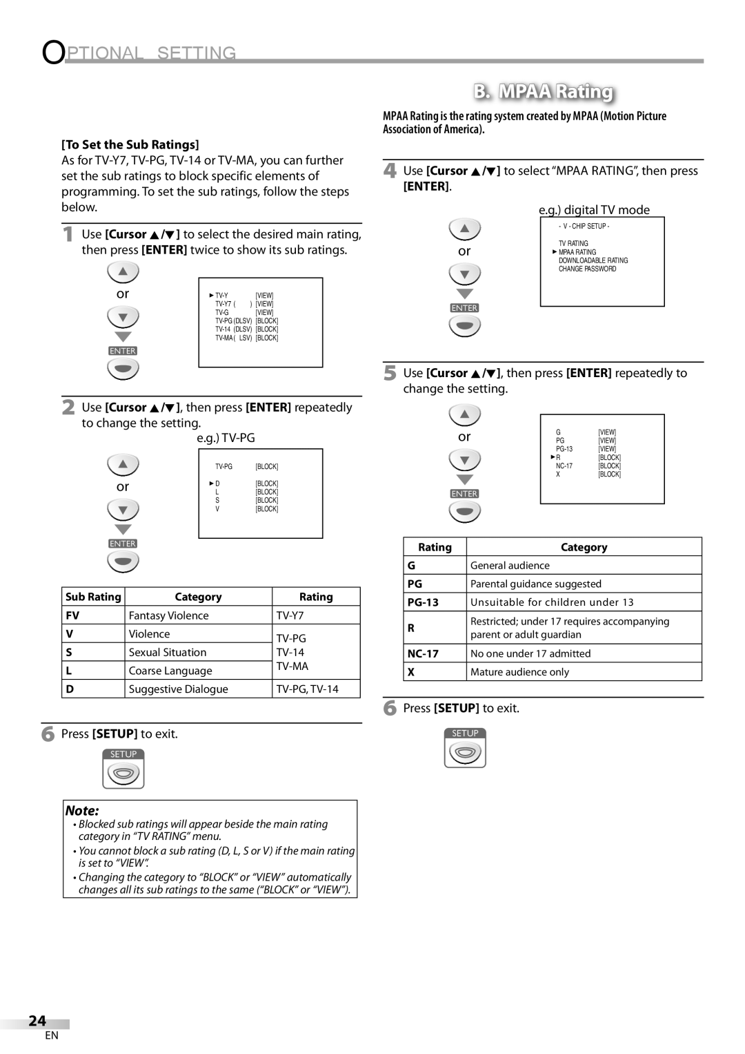 Sylvania LC200SL9 A owner manual B. MPAA Rating, Optional Setting, To Set the Sub Ratings 