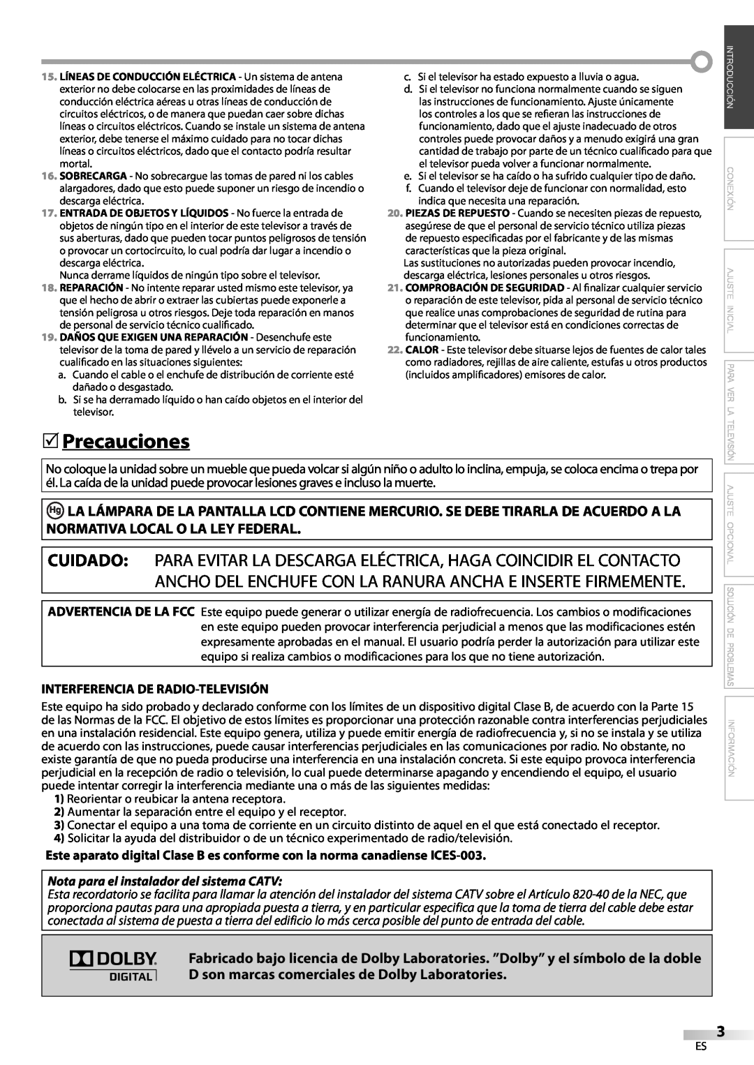 Sylvania LC200SL9 A owner manual Precauciones, Interferencia De Radio-Televisión 