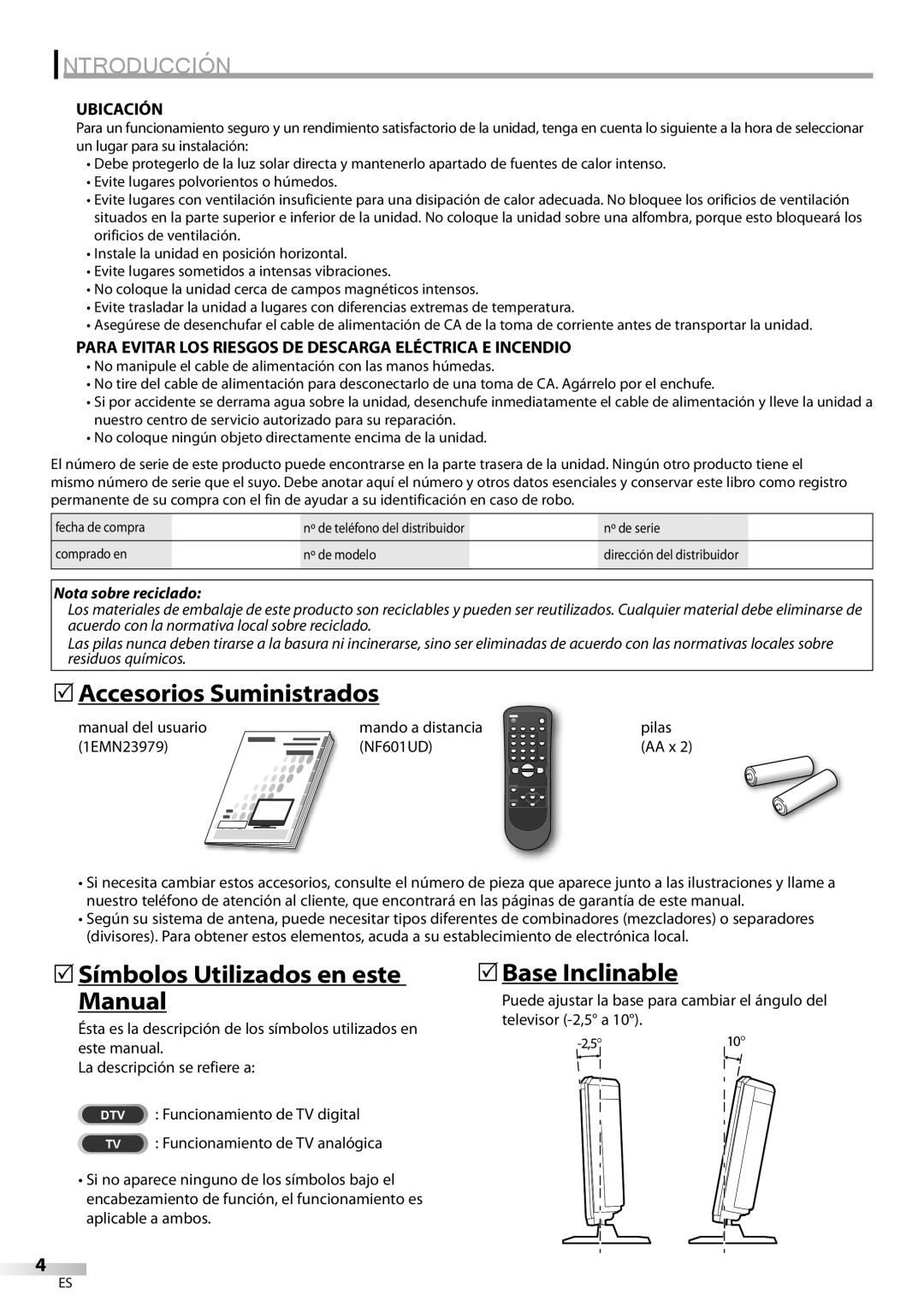 Sylvania LC200SL9 A 5Accesorios Suministrados, 5Símbolos Utilizados en este Manual, 5Base Inclinable, Introducción 