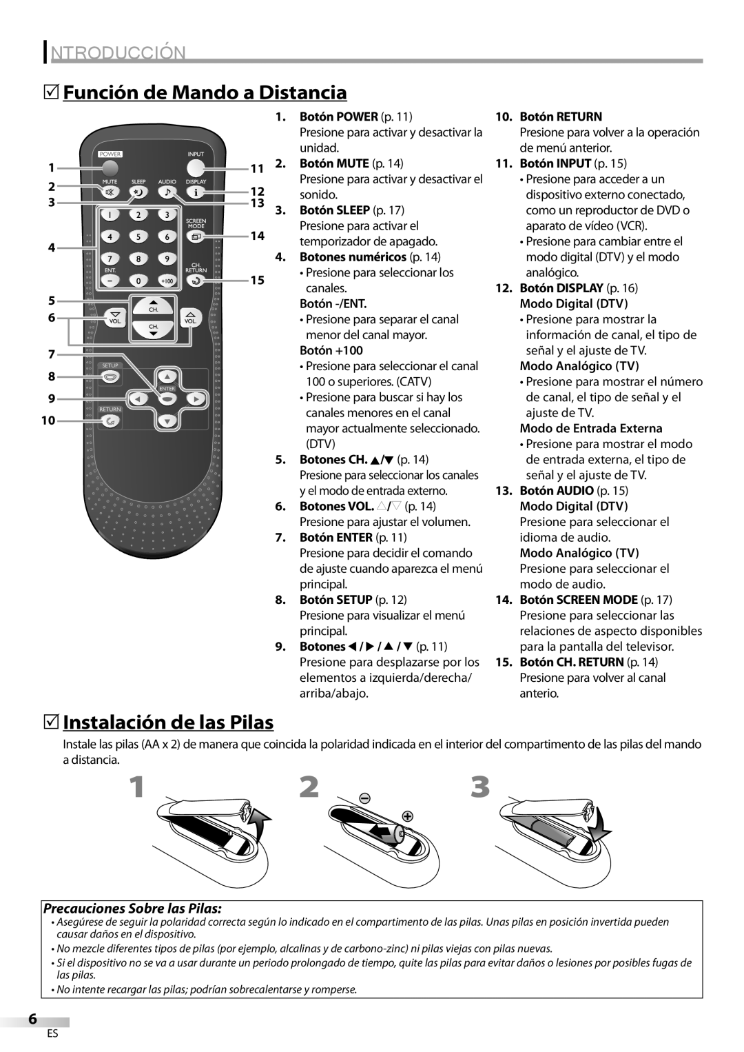 Sylvania LC200SL9 A 5Función de Mando a Distancia, 5Instalación de las Pilas, Precauciones Sobre las Pilas, Introducción 