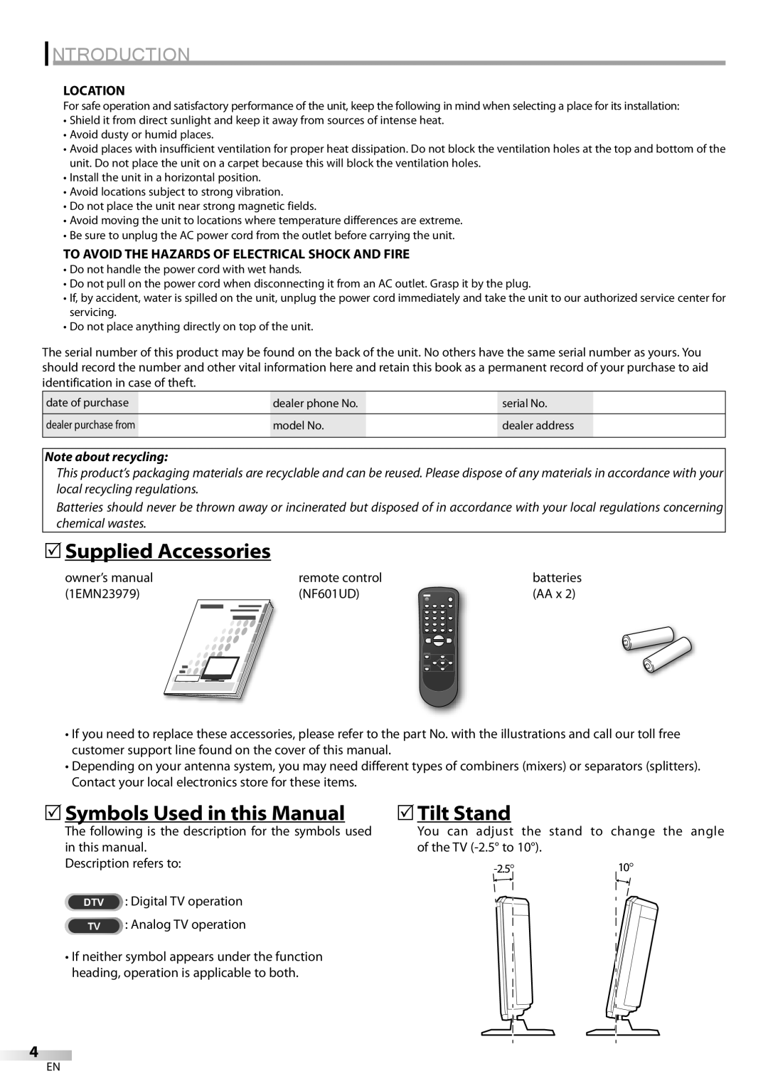 Sylvania LC200SL9 A owner manual 5Supplied Accessories, 5Symbols Used in this Manual, 5Tilt Stand, Introduction, Location 