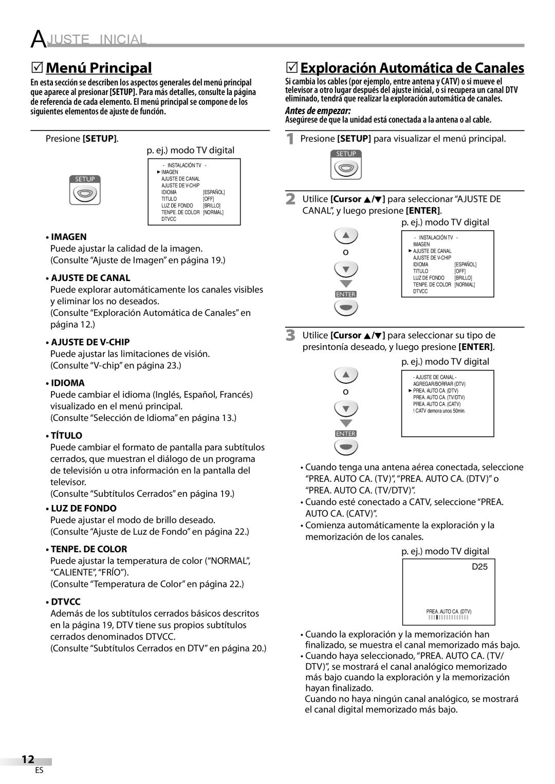 Sylvania LC200SL9 A 5Menú Principal, 5Exploración Automática de Canales, Ajuste Inicial, Antes de empezar, Imagen, Idioma 