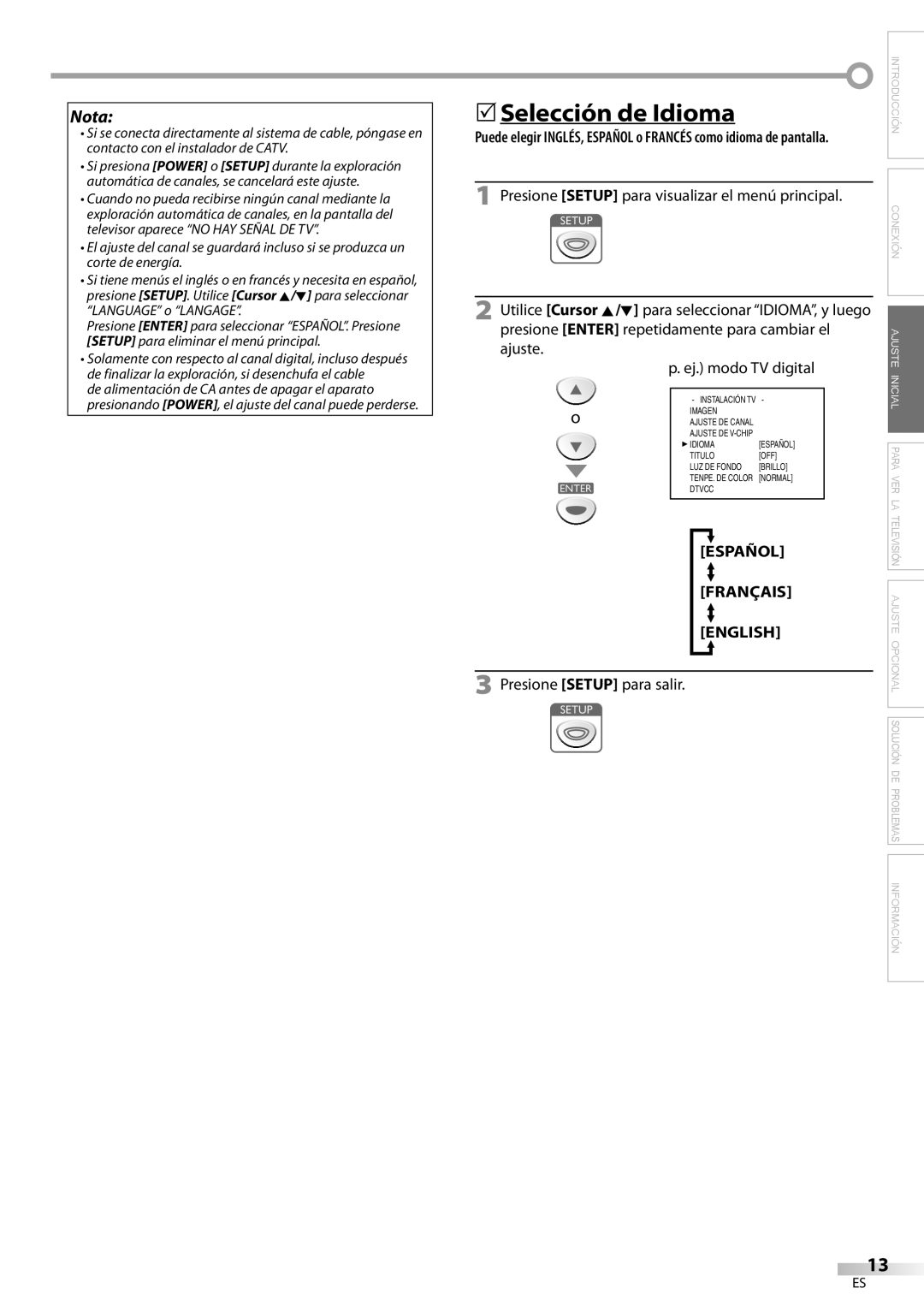 Sylvania LC200SL9 A owner manual 5Selección de Idioma, Nota, Español, Français, English, Información 