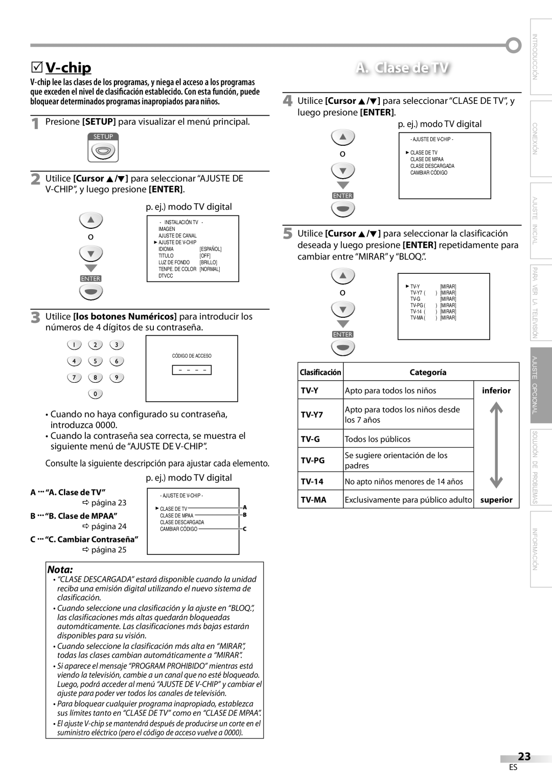 Sylvania LC200SL9 A owner manual A. Clase de TV, V-chip, Nota, C ... “C. Cambiar Contraseña”, inferior 