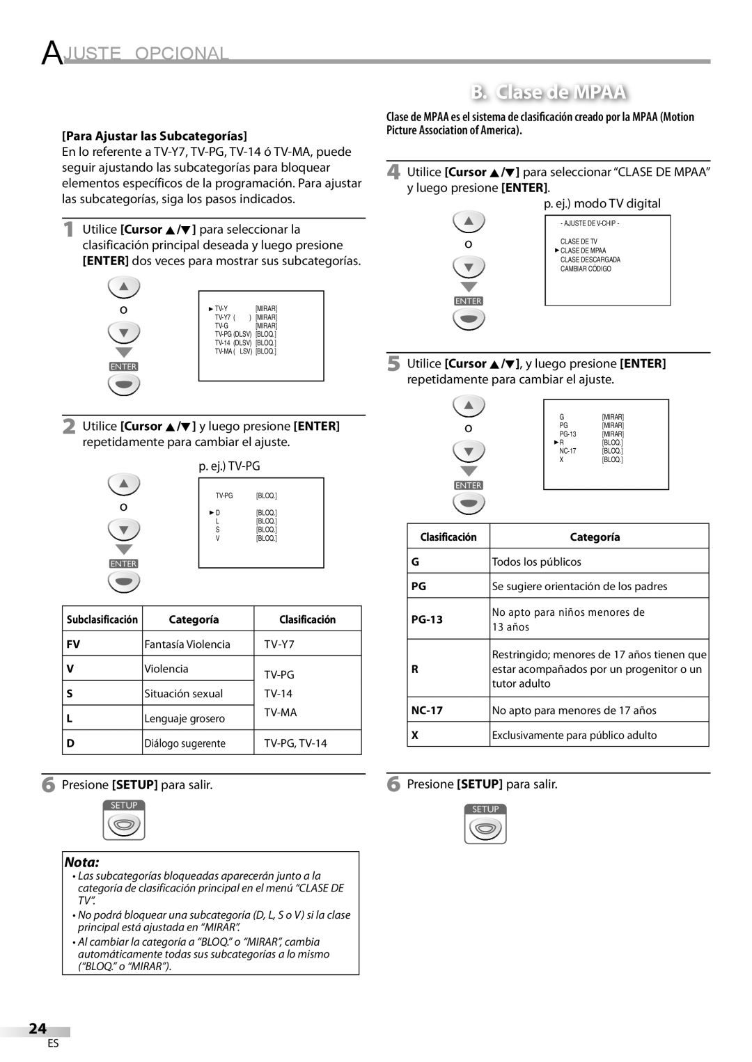 Sylvania LC200SL9 A owner manual B. Clase de MPAA, Ajuste Opcional, Nota, Para Ajustar las Subcategorías 