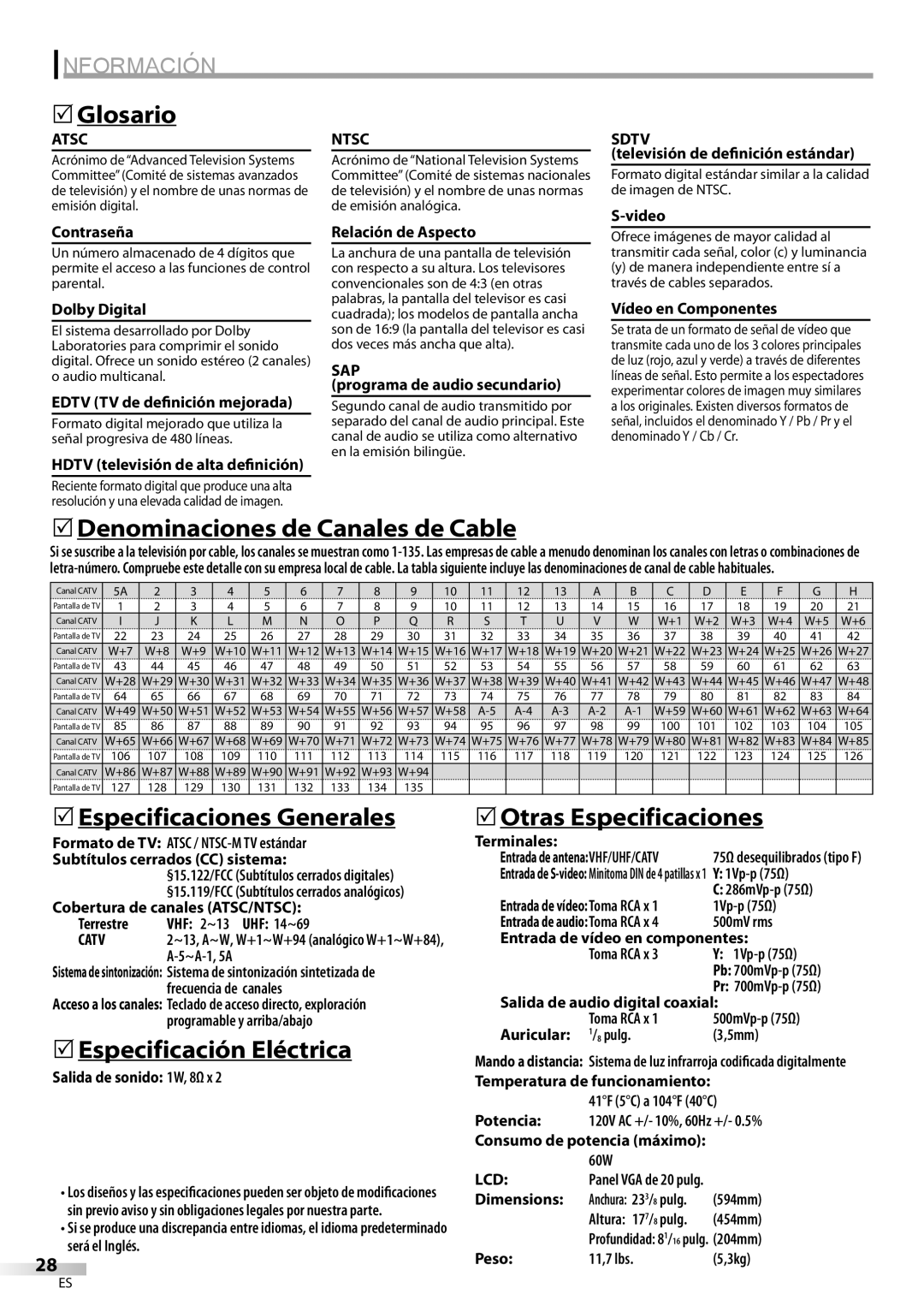 Sylvania LC200SL9 A Información, Glosario, 5Denominaciones de Canales de Cable, 5Especificaciones Generales, Atsc, Ntsc 