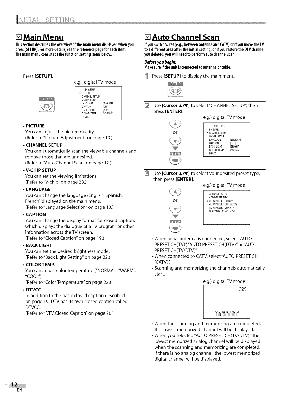 Sylvania LC200SL9 owner manual Main Menu, Auto Channel Scan, Makesureif theunitisconnectedtoantennaorcable 