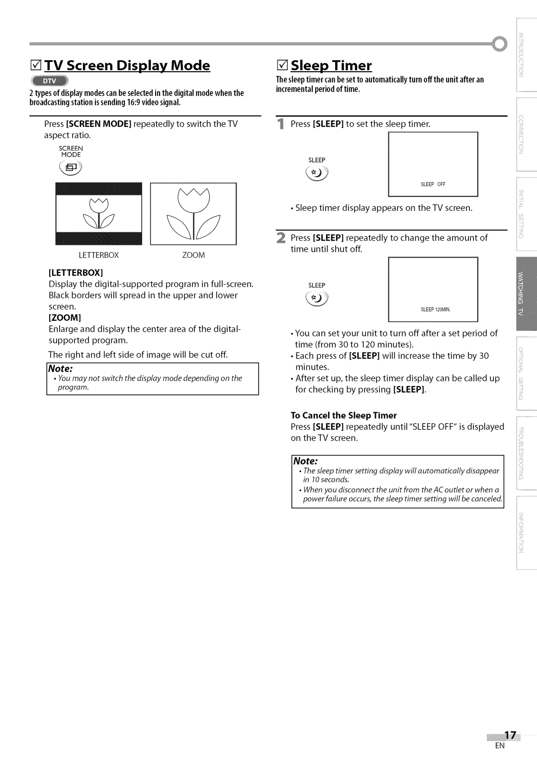 Sylvania LC200SL9 owner manual TV Screen Display Mode, Letterboxzoom, To Cancel the Sleep Timer 