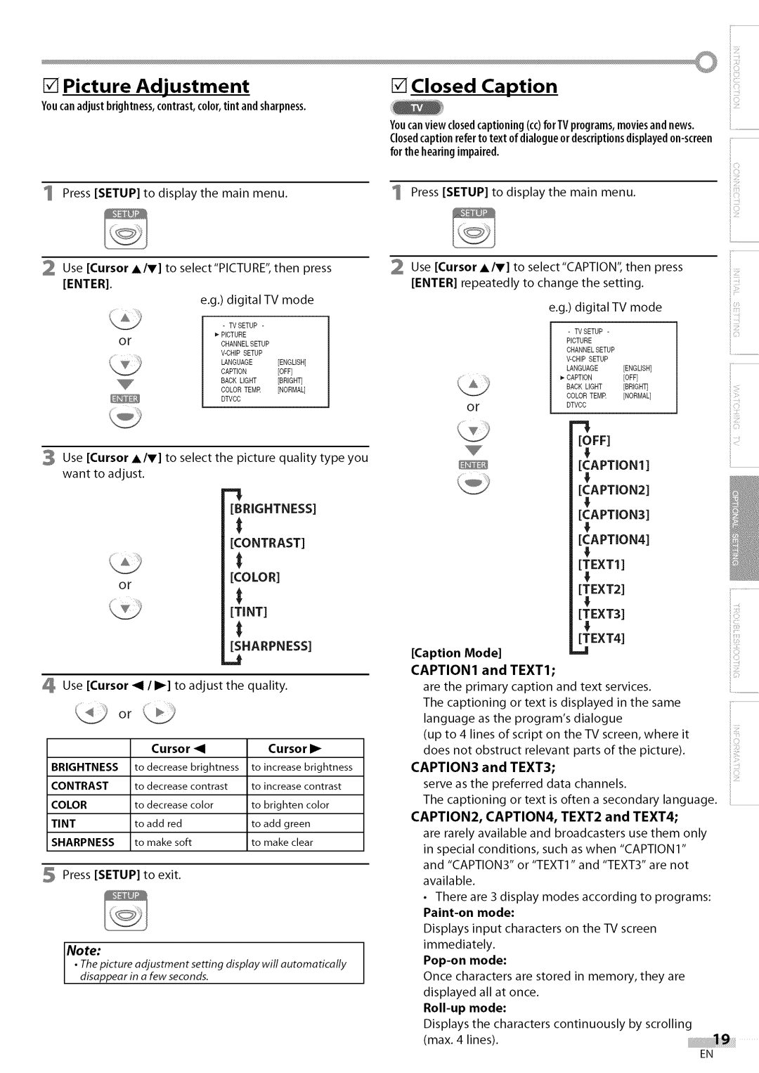 Sylvania LC200SL9 owner manual Picture Adjustment, Closed Caption, Enter, CAPTION1 TEXT1 