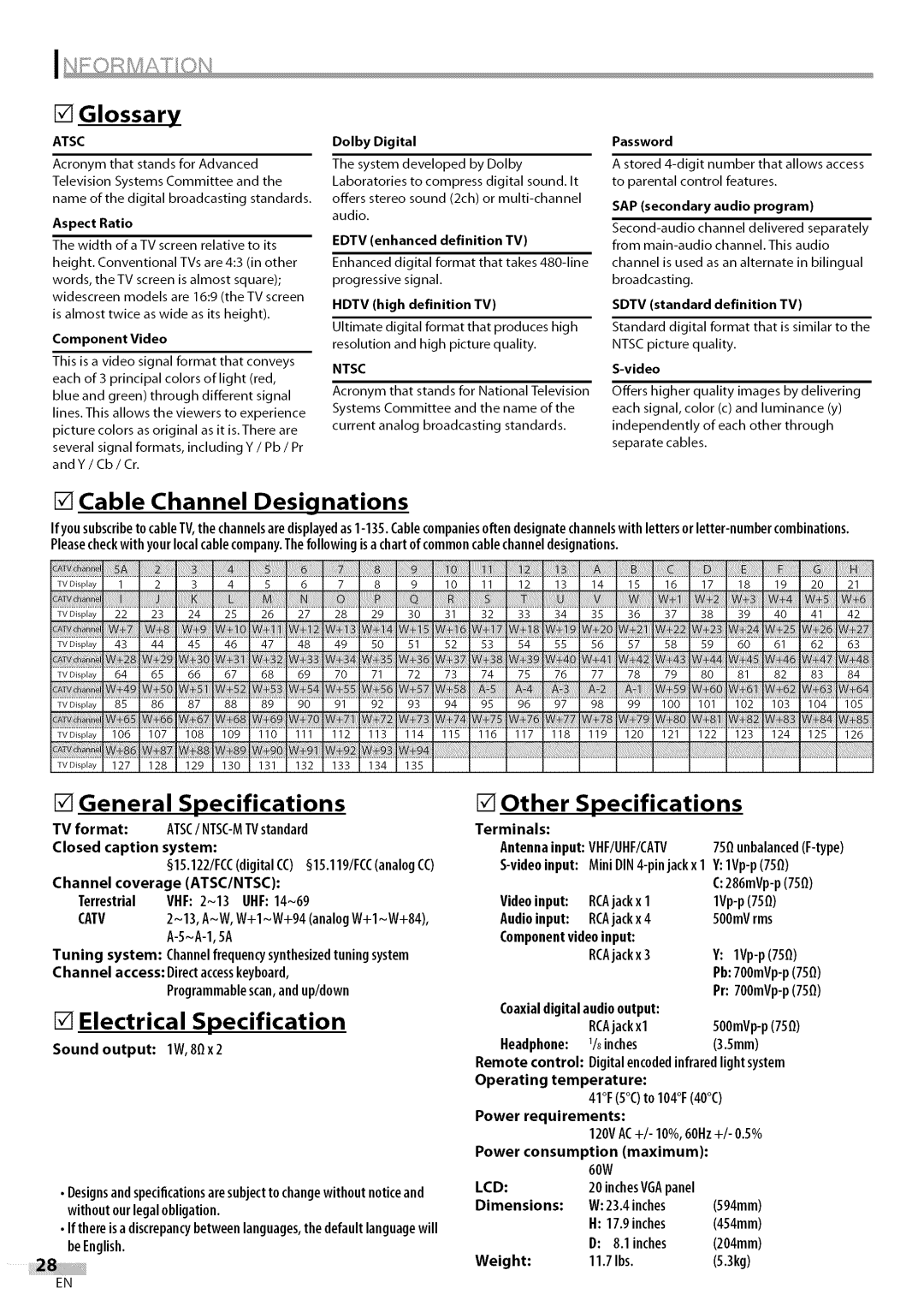 Sylvania LC200SL9 owner manual Glossary, Cable Channel Designations, General Specifications, Other Specifications 