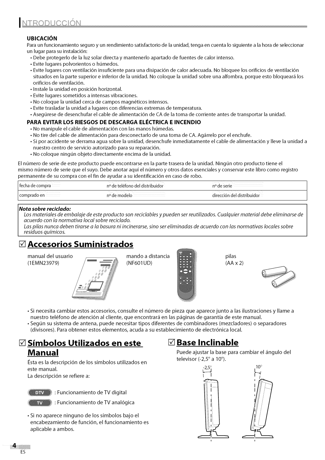 Sylvania LC200SL9 Accesorios Suministrados, Simbolos Utilizados en este Manual, Base Inclinable, Nota sobre reciclado 