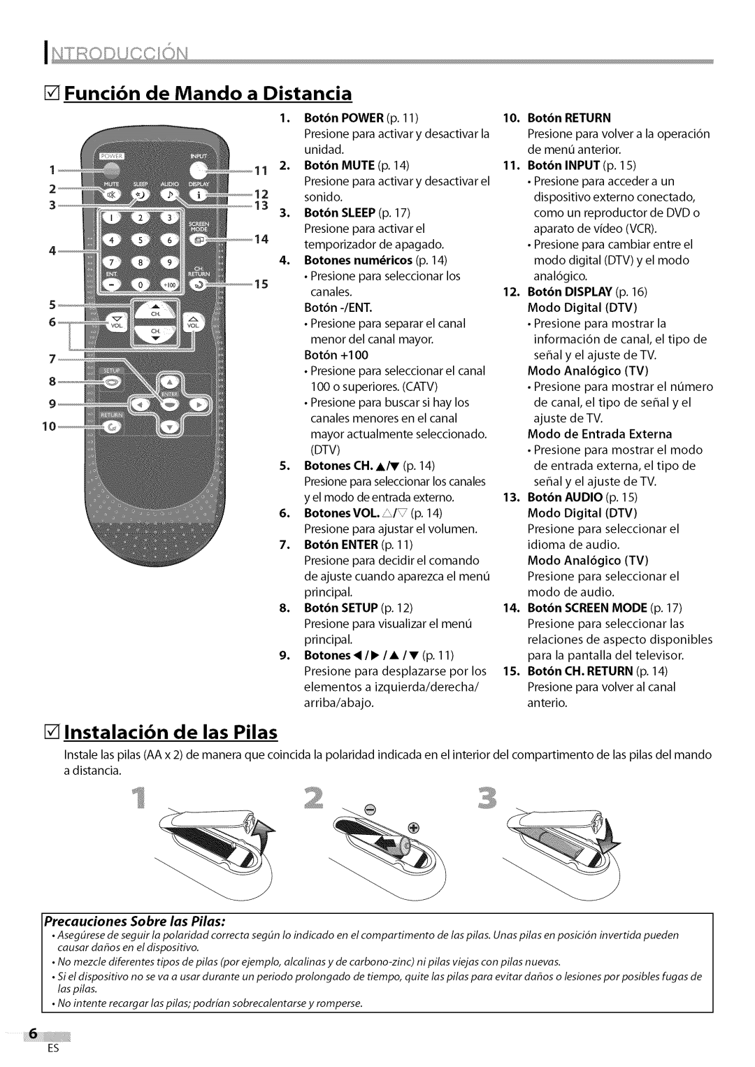 Sylvania LC200SL9 owner manual Funcibn de Mando a Distancia, Instalacibn de las Pilas, Mute, Ch.A/V 