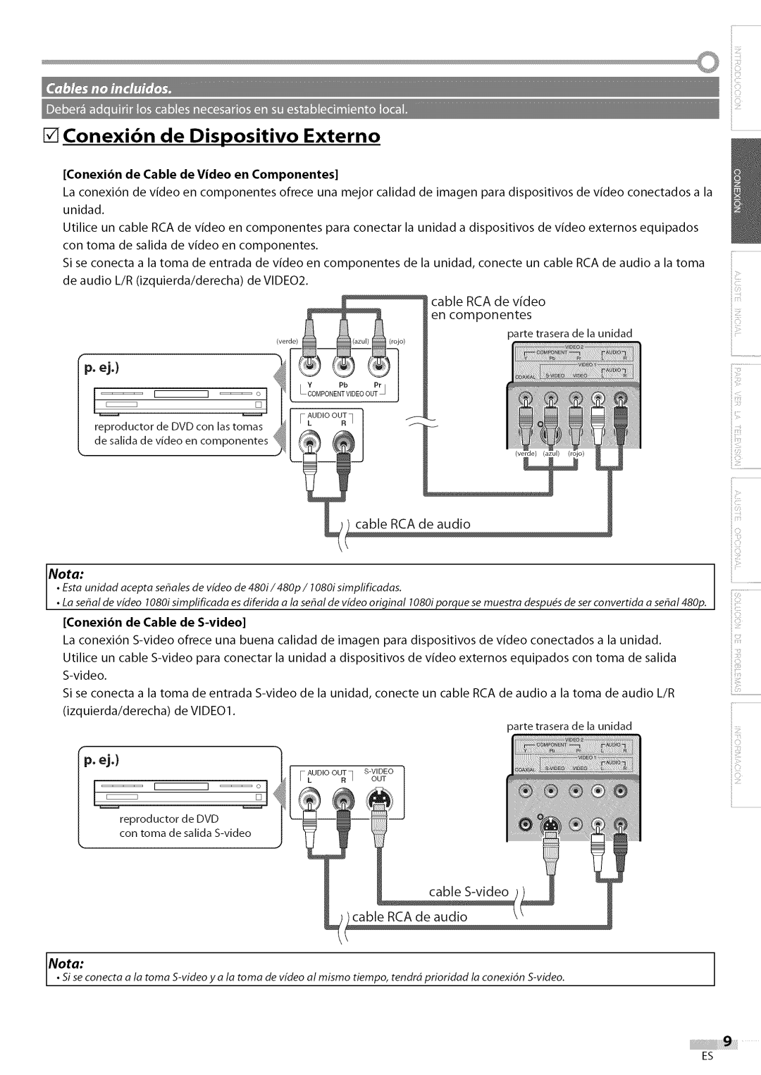 Sylvania LC200SL9 owner manual Conexibn de Dispositivo Externo, Cable RCA de audio, Noto 