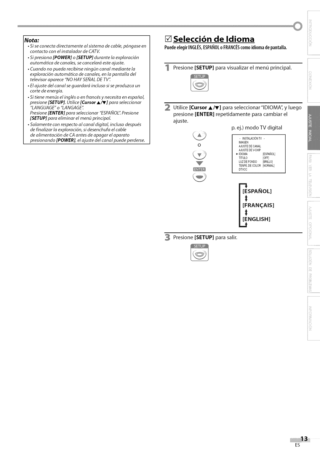 Sylvania LC200SL9 Selecci6n de Idioma, Presione Setup para visualizar el menu principal, Presione Setup para salir 