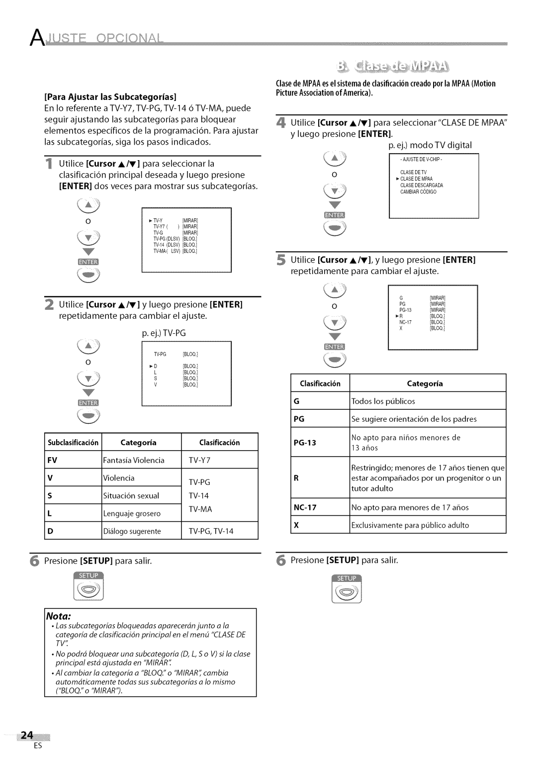 Sylvania LC200SL9 owner manual Para Ajustar las Subcategorias, Clasificaci6n, Tv-Y 