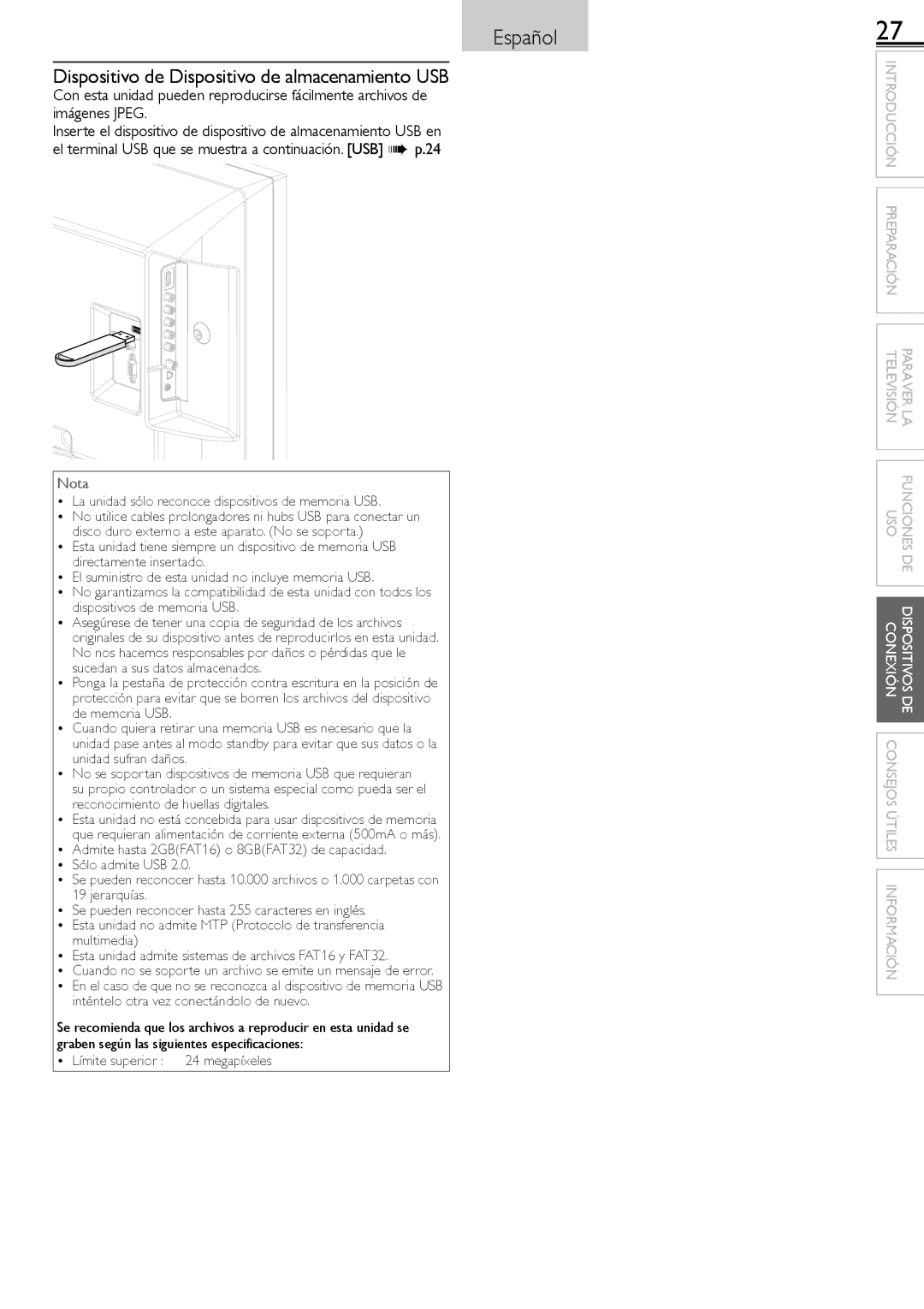 Sylvania LC220SS2 Dispositivo de Dispositivo de almacenamiento USB, La unidad sólo reconoce dispositivos de memoria USB 